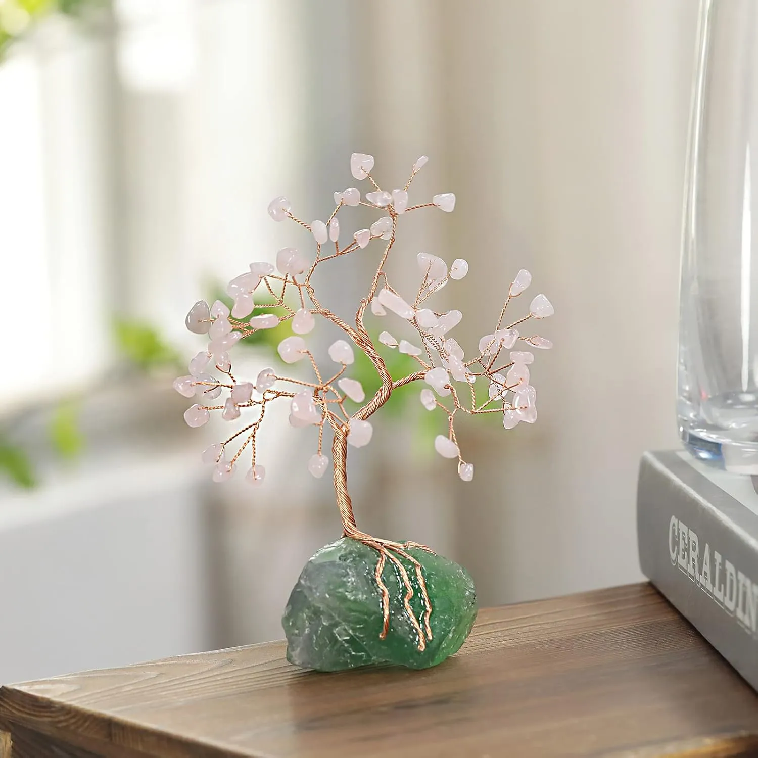 rockcloud Crystal Money Tree with Irregular Raw Fluorite Cluster Base, Copper Wire Lucky Bonsai Tree for Desktop Office Home Decor, Rose Quartz