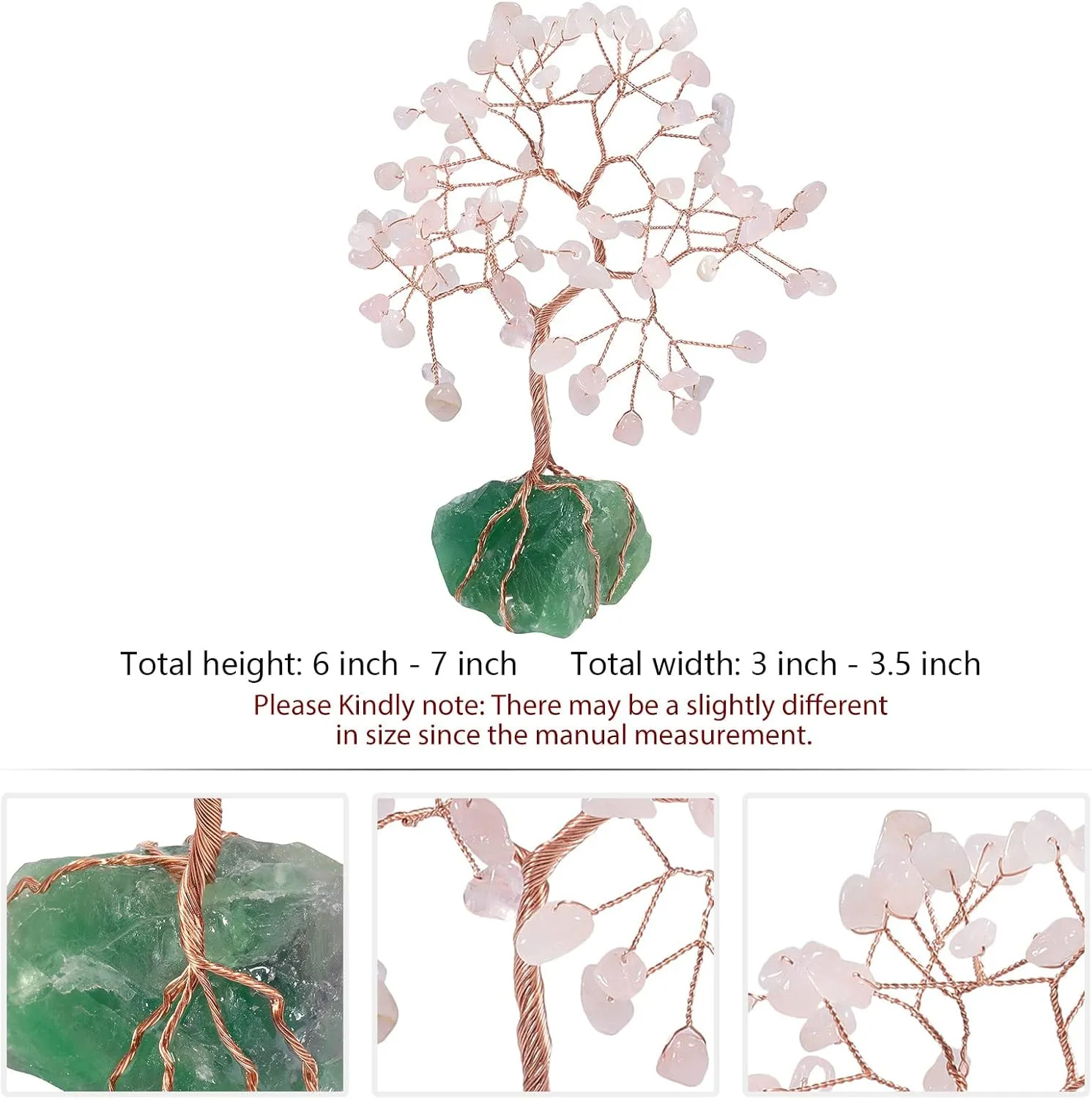 rockcloud Crystal Money Tree with Irregular Raw Fluorite Cluster Base, Copper Wire Lucky Bonsai Tree for Desktop Office Home Decor, Rose Quartz