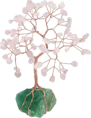 rockcloud Crystal Money Tree with Irregular Raw Fluorite Cluster Base, Copper Wire Lucky Bonsai Tree for Desktop Office Home Decor, Rose Quartz