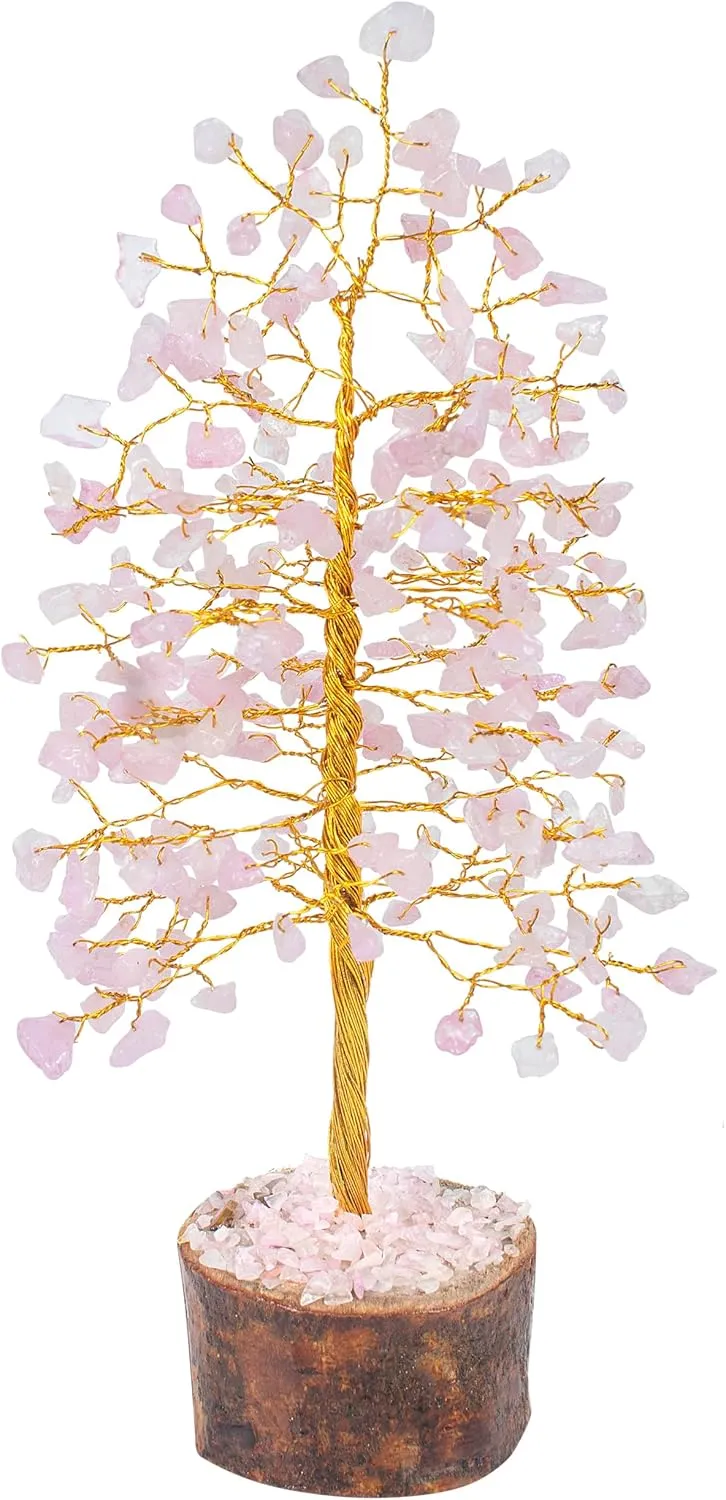Rose Quatz Crystal Tree - Gemstone and Crystals - Chakra Healing - Feng Shui - Meditation Tree - Gemstone Tree of Life - Handmade Spiritual Gift - Home & Office Décor (10 Inch Golden Wire)