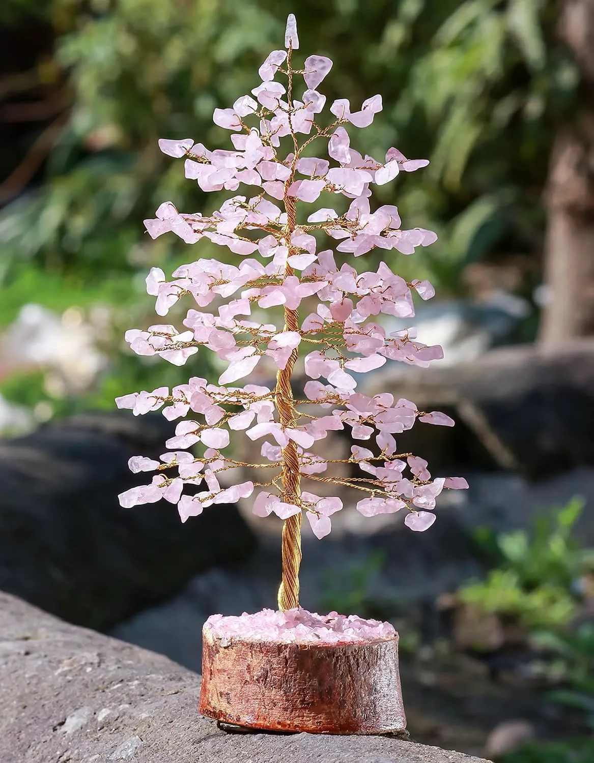 Rose Quatz Crystal Tree - Gemstone and Crystals - Chakra Healing - Feng Shui - Meditation Tree - Gemstone Tree of Life - Handmade Spiritual Gift - Home & Office Décor (10 Inch Golden Wire)