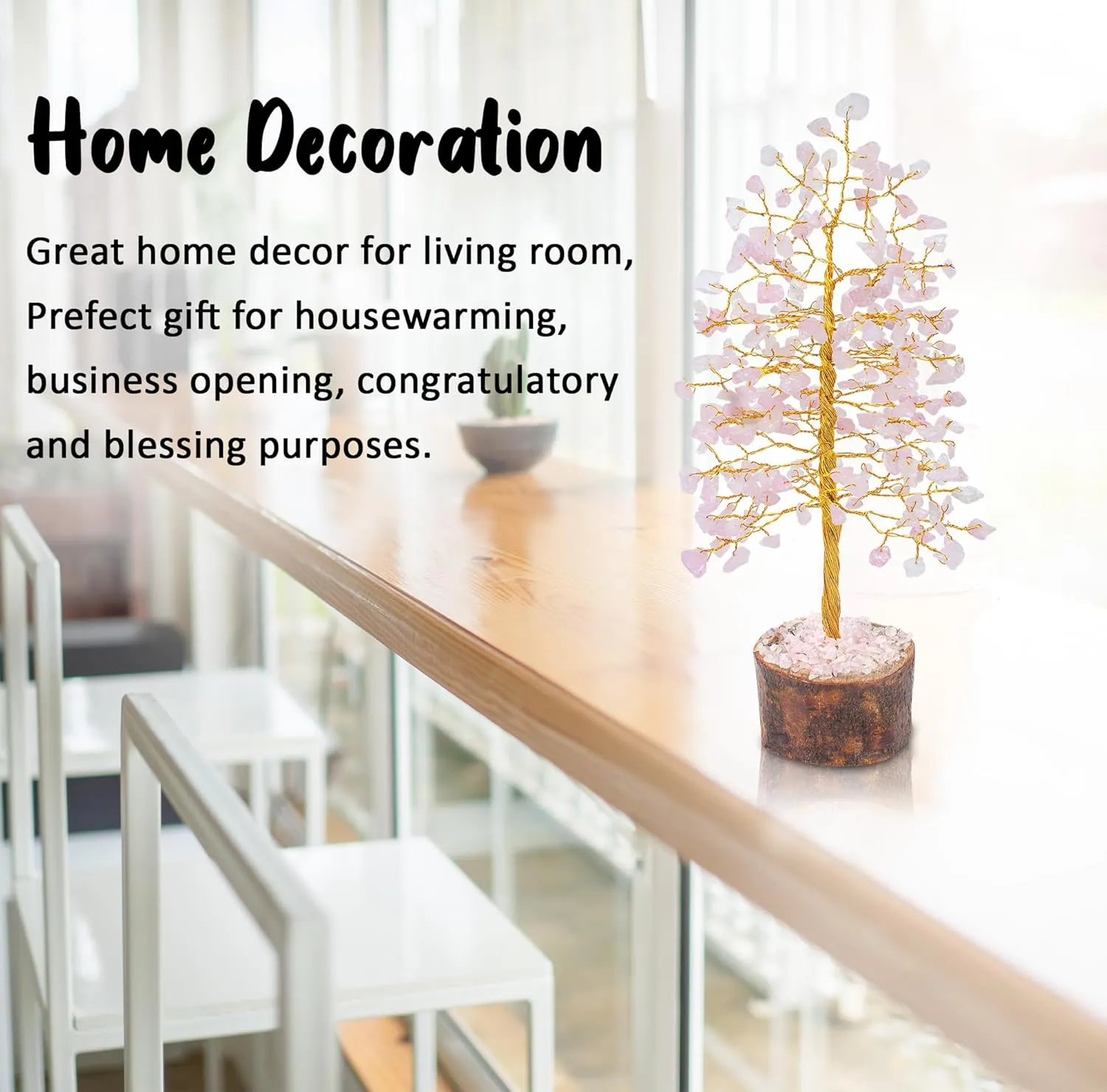 Rose Quatz Crystal Tree - Gemstone and Crystals - Chakra Healing - Feng Shui - Meditation Tree - Gemstone Tree of Life - Handmade Spiritual Gift - Home & Office Décor (10 Inch Golden Wire)