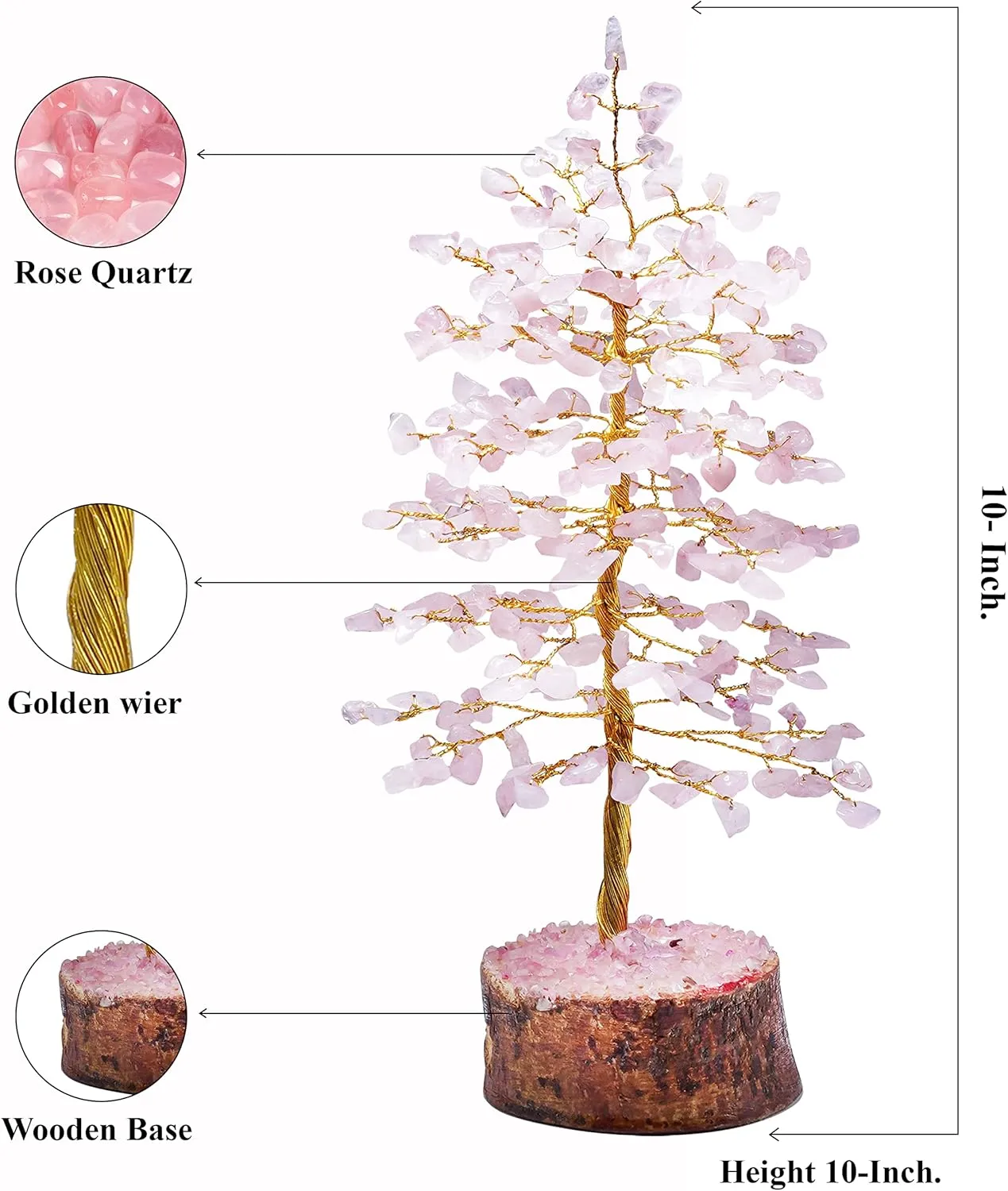 Rose Quatz Crystal Tree - Gemstone and Crystals - Chakra Healing - Feng Shui - Meditation Tree - Gemstone Tree of Life - Handmade Spiritual Gift - Home & Office Décor (10 Inch Golden Wire)