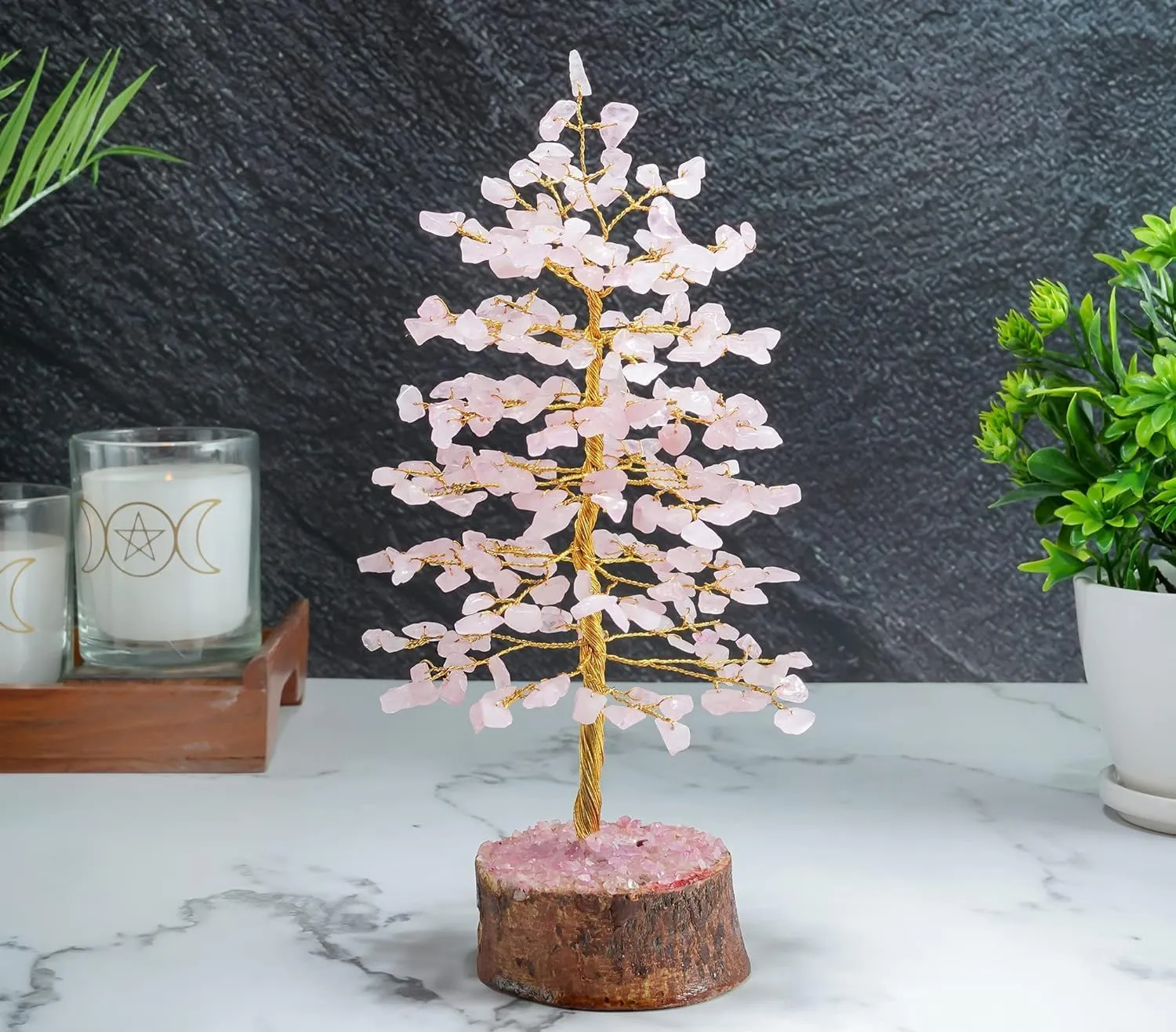 Rose Quatz Crystal Tree - Gemstone and Crystals - Chakra Healing - Feng Shui - Meditation Tree - Gemstone Tree of Life - Handmade Spiritual Gift - Home & Office Décor (10 Inch Golden Wire)
