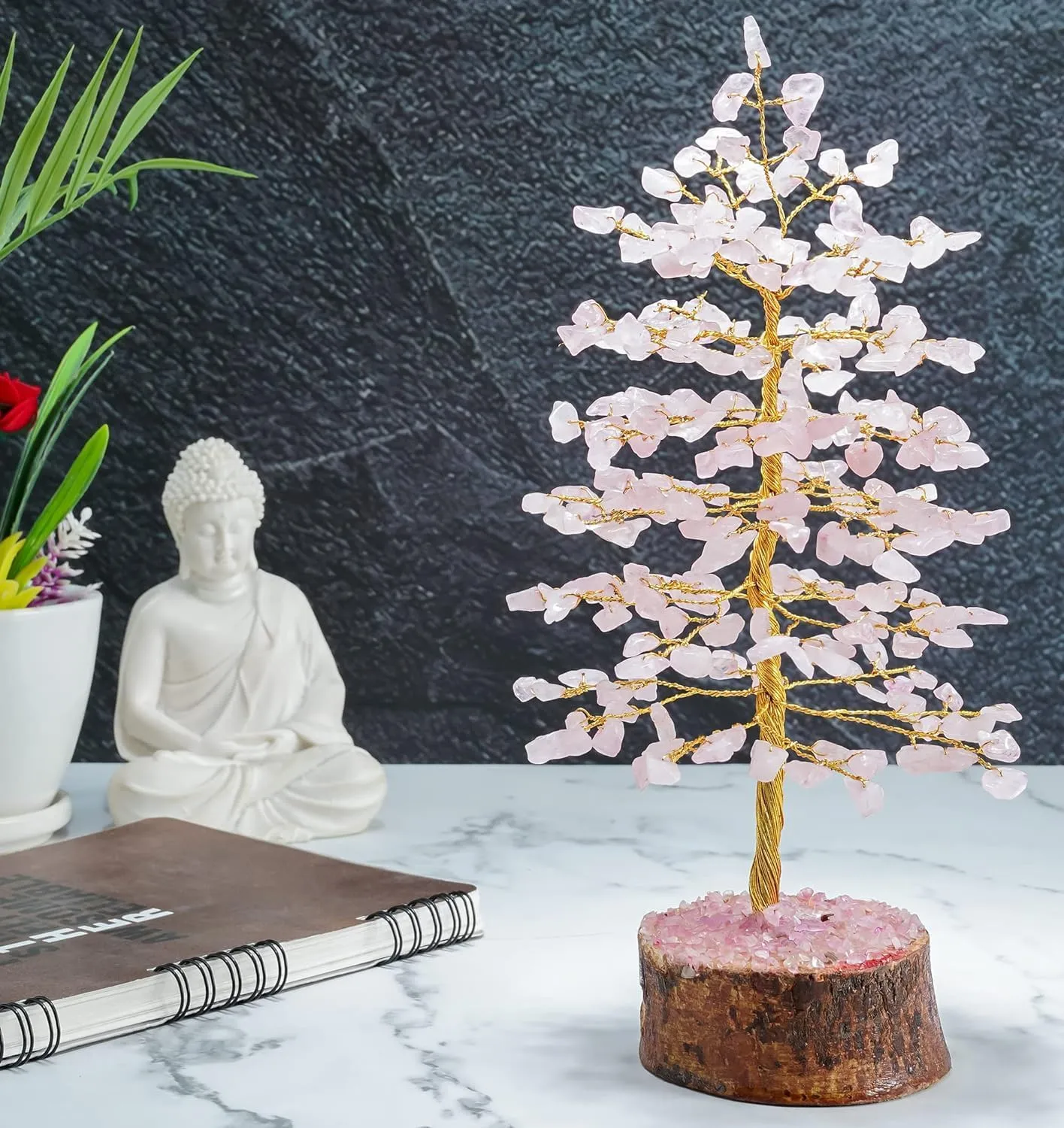Rose Quatz Crystal Tree - Gemstone and Crystals - Chakra Healing - Feng Shui - Meditation Tree - Gemstone Tree of Life - Handmade Spiritual Gift - Home & Office Décor (10 Inch Golden Wire)