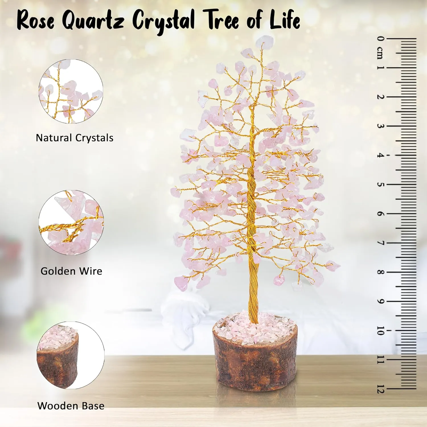 Rose Quatz Crystal Tree - Gemstone and Crystals - Chakra Healing - Feng Shui - Meditation Tree - Gemstone Tree of Life - Handmade Spiritual Gift - Home & Office Décor (10 Inch Golden Wire)