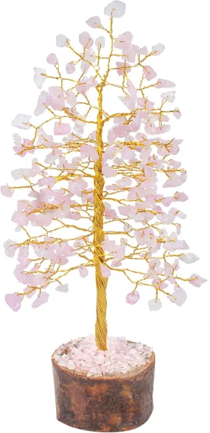 Rose Quatz Crystal Tree - Gemstone and Crystals - Chakra Healing - Feng Shui - Meditation Tree - Gemstone Tree of Life - Handmade Spiritual Gift - Home & Office Décor (10 Inch Golden Wire)
