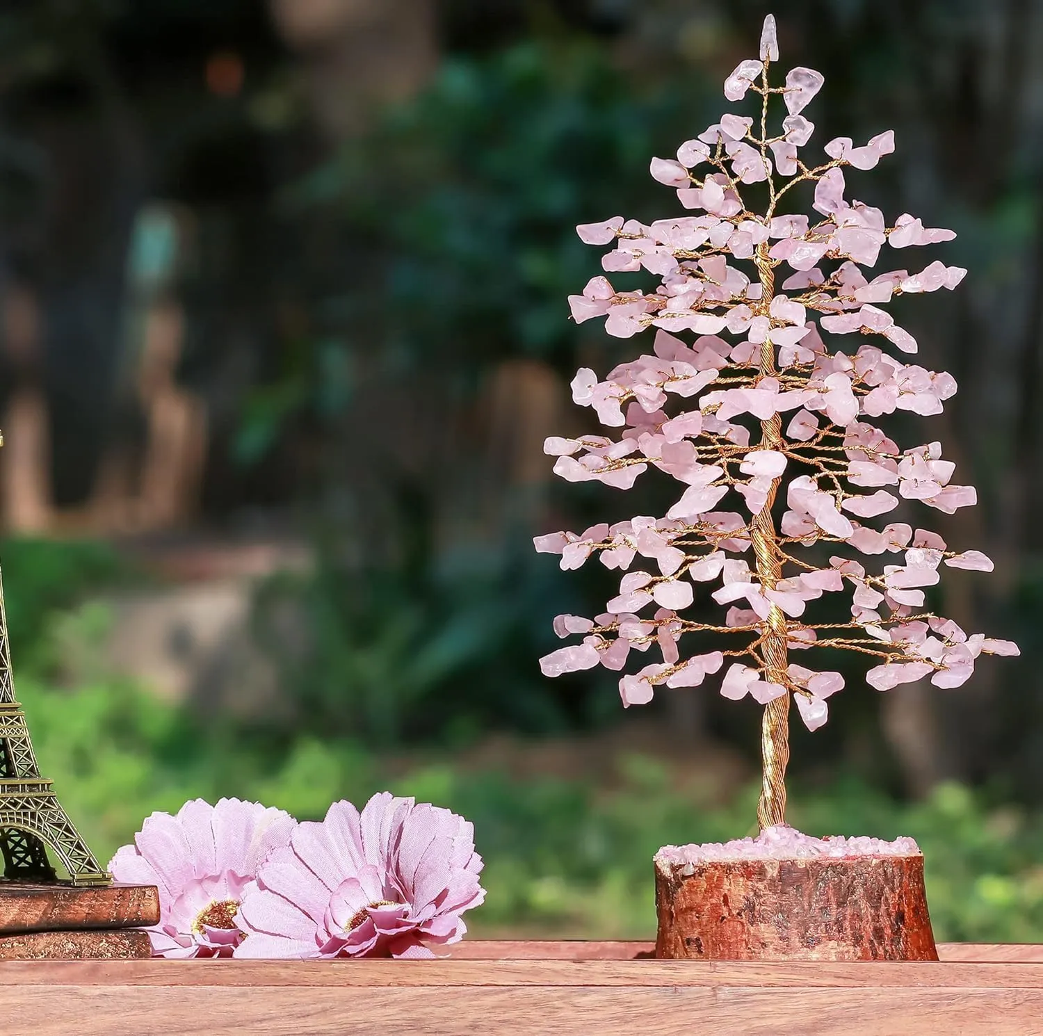 Rose Quatz Crystal Tree - Gemstone and Crystals - Chakra Healing - Feng Shui - Meditation Tree - Gemstone Tree of Life - Handmade Spiritual Gift - Home & Office Décor (10 Inch Golden Wire)