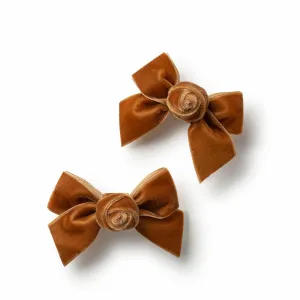 Rosette Velvet Double Clip Set - Caramel | Elegant Velvet Hair Clips with Hand-Crafted Rosette Accents | Secure Alligator Clips for Timeless Style | Perfect for Special Occasions & Everyday Wear