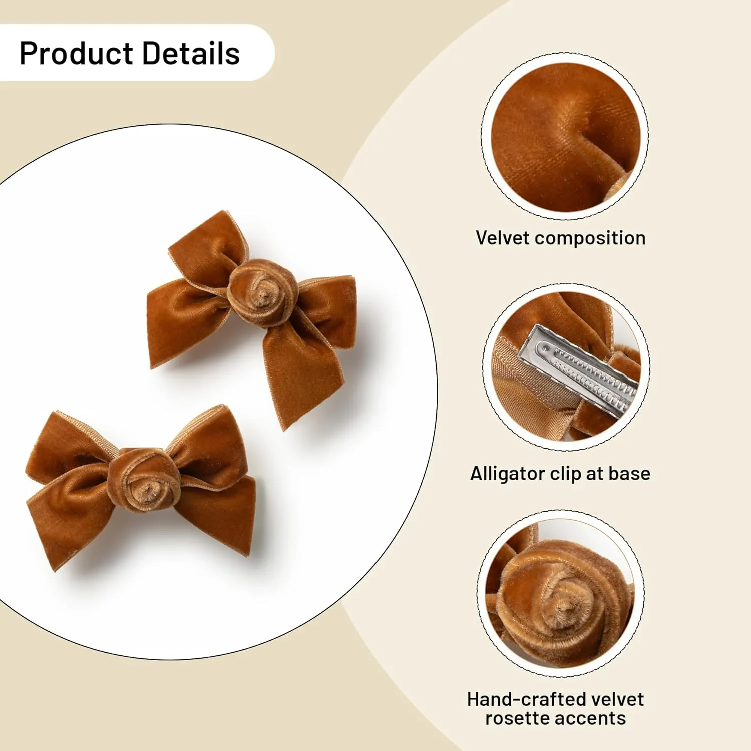 Rosette Velvet Double Clip Set - Caramel | Elegant Velvet Hair Clips with Hand-Crafted Rosette Accents | Secure Alligator Clips for Timeless Style | Perfect for Special Occasions & Everyday Wear