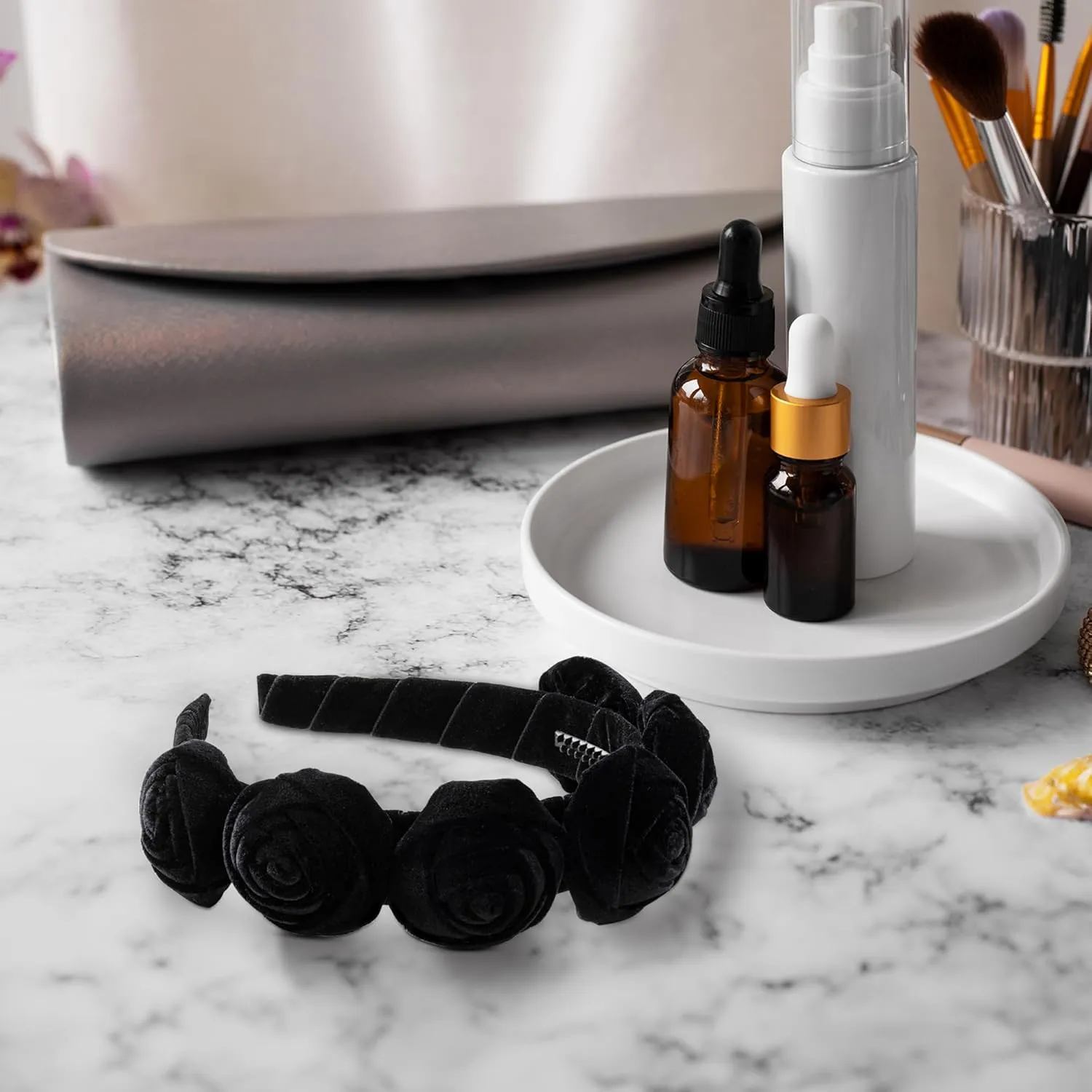 Rosette Velvet Headband - Black | Elegant Soft Velvet Accessory with Hand-Crafted Rosettes | Comfortable & Secure Fit with Rubberized Teeth | Perfect for Special Occasions & Everyday Wear
