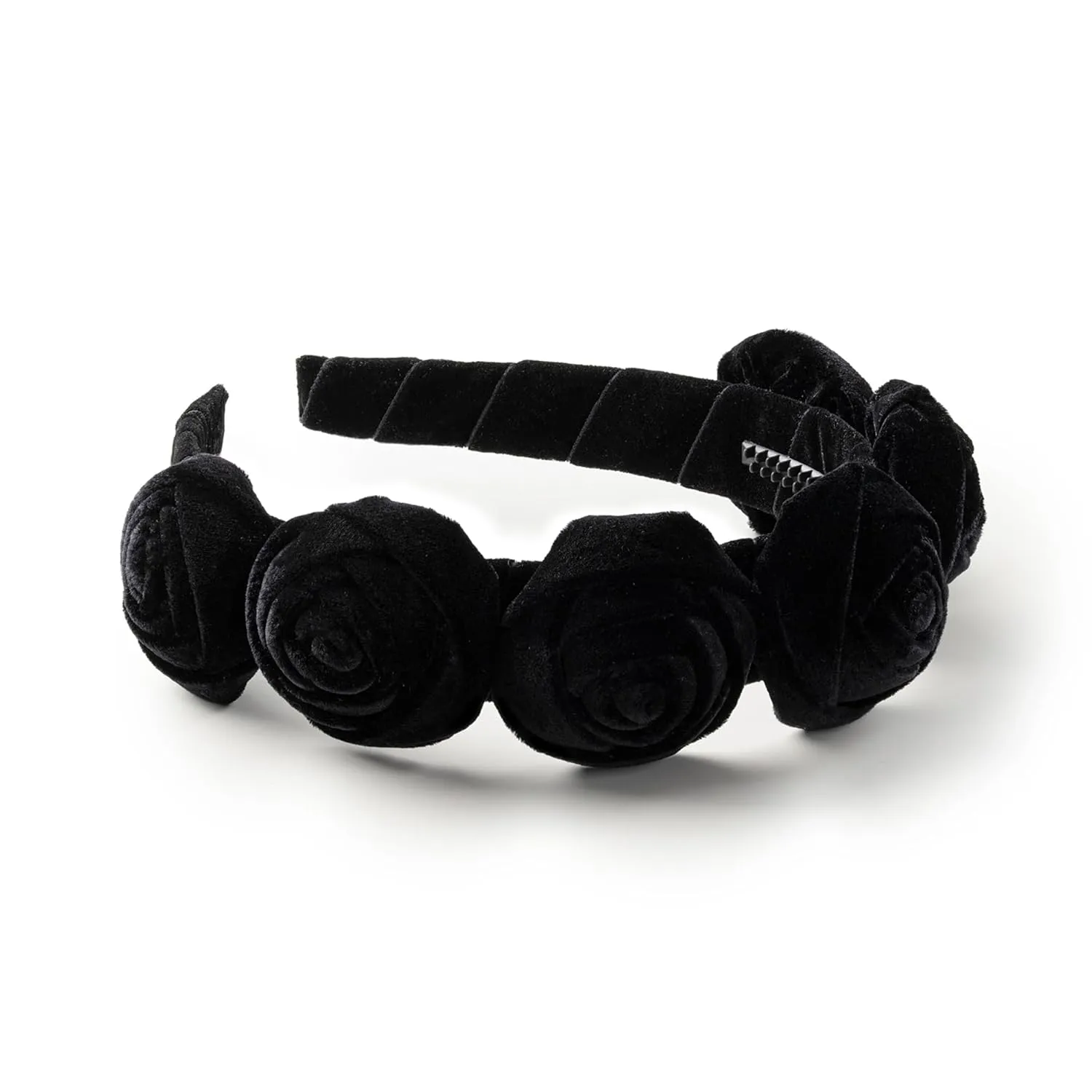 Rosette Velvet Headband - Black | Elegant Soft Velvet Accessory with Hand-Crafted Rosettes | Comfortable & Secure Fit with Rubberized Teeth | Perfect for Special Occasions & Everyday Wear