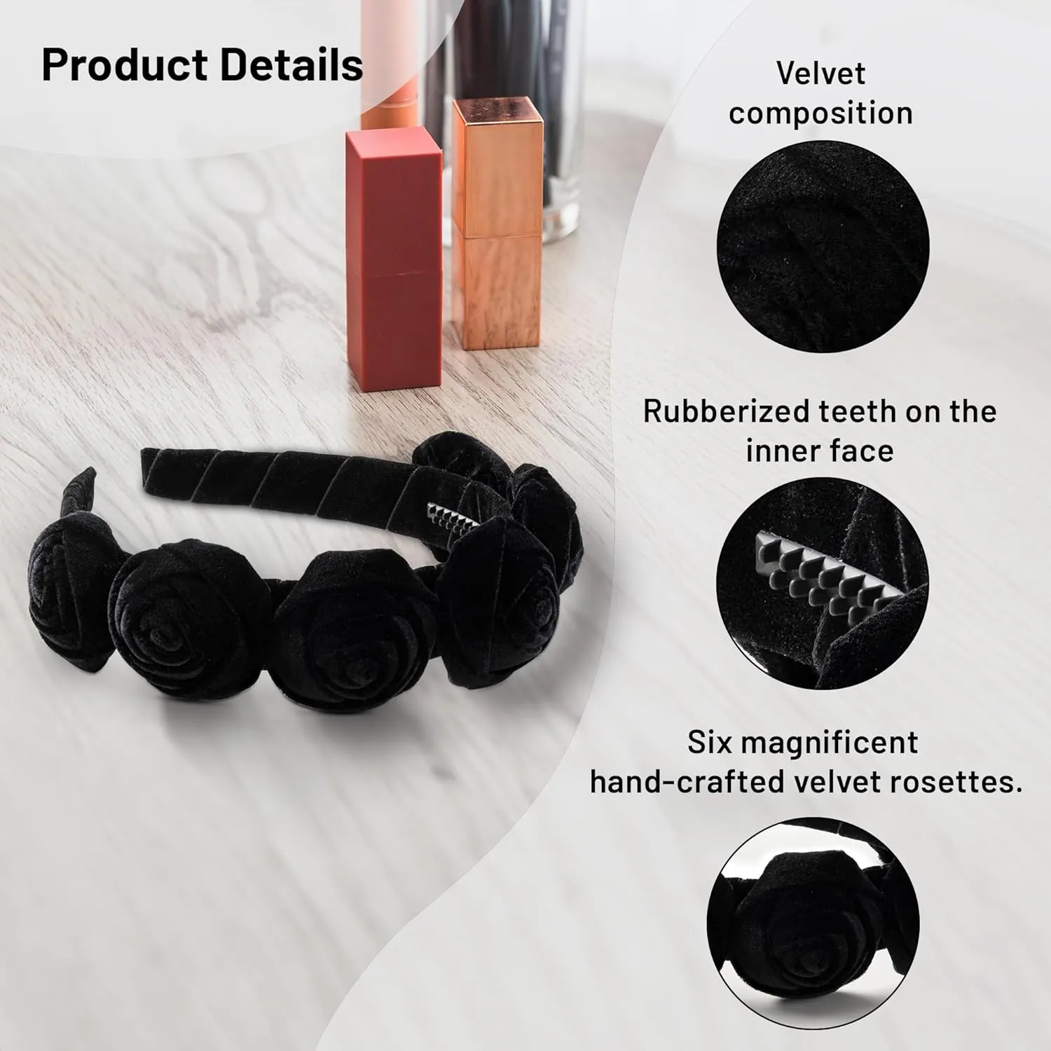 Rosette Velvet Headband - Black | Elegant Soft Velvet Accessory with Hand-Crafted Rosettes | Comfortable & Secure Fit with Rubberized Teeth | Perfect for Special Occasions & Everyday Wear