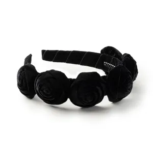 Rosette Velvet Headband - Black | Elegant Soft Velvet Accessory with Hand-Crafted Rosettes | Comfortable & Secure Fit with Rubberized Teeth | Perfect for Special Occasions & Everyday Wear