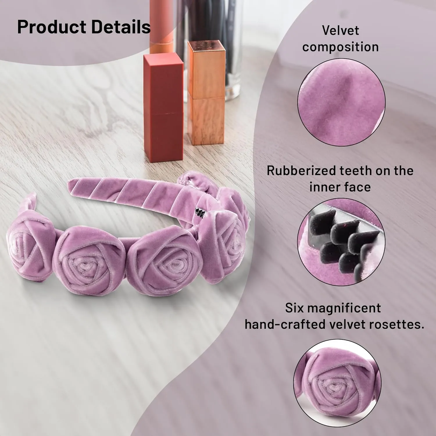 Rosette Velvet Headband - Lavender | Elegant Soft Velvet Accessory with Hand-Crafted Rosettes | Comfortable & Secure Fit with Rubberized Teeth | Perfect for Special Occasions & Everyday Wear