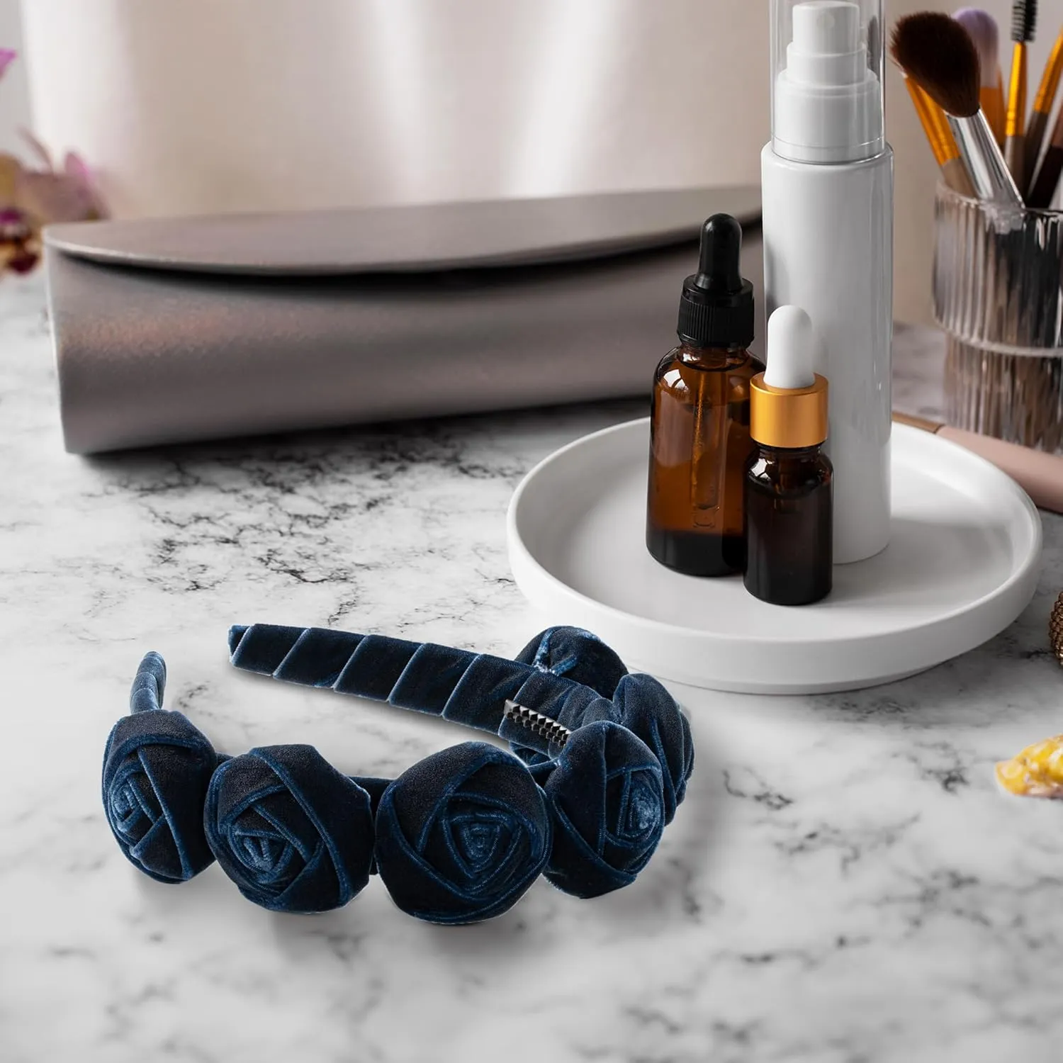 Rosette Velvet Headband - Navy | Elegant Soft Velvet Accessory with Hand-Crafted Rosettes | Comfortable & Secure Fit with Rubberized Teeth | Perfect for Special Occasions & Everyday Wear