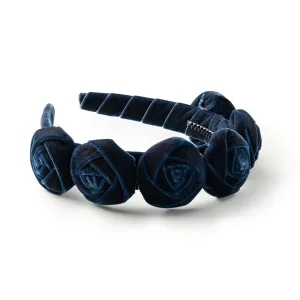 Rosette Velvet Headband - Navy | Elegant Soft Velvet Accessory with Hand-Crafted Rosettes | Comfortable & Secure Fit with Rubberized Teeth | Perfect for Special Occasions & Everyday Wear