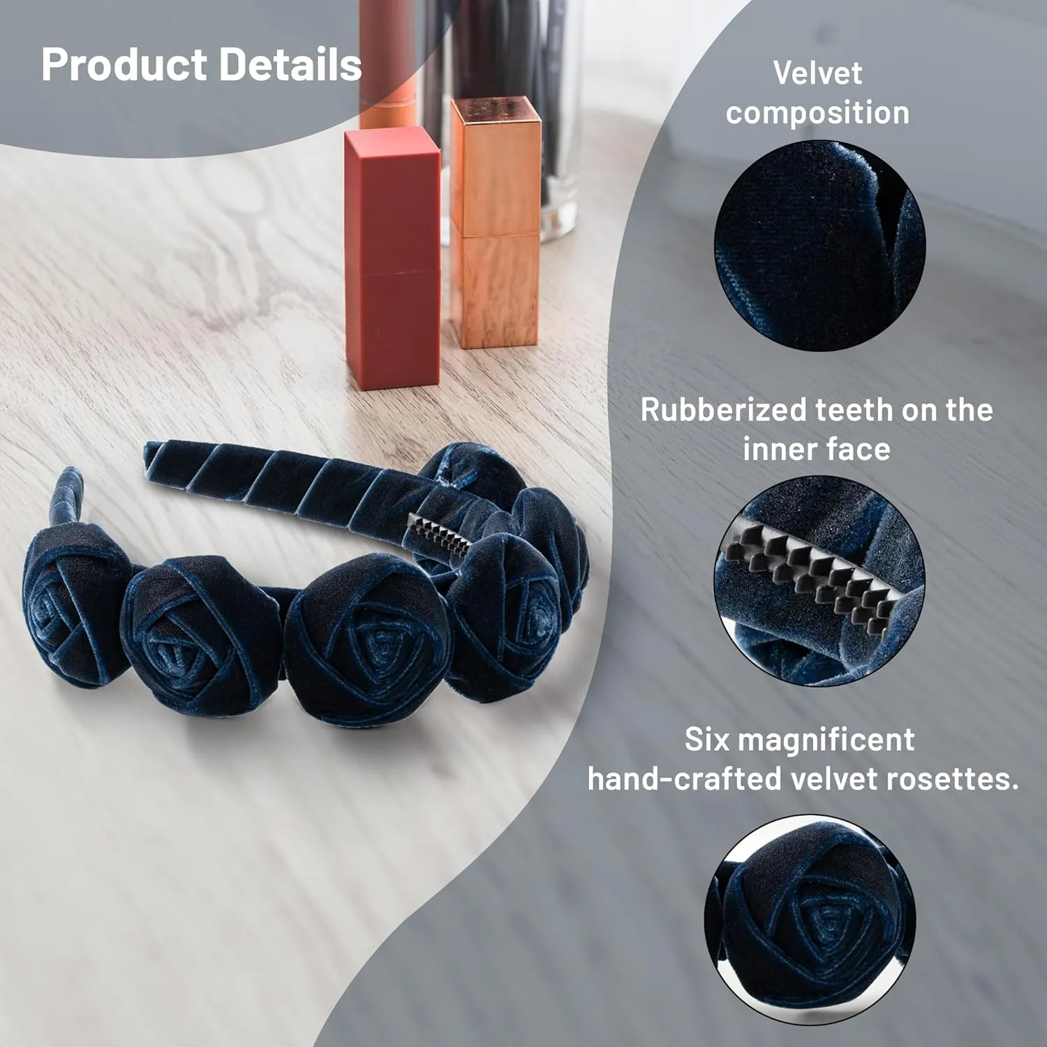 Rosette Velvet Headband - Navy | Elegant Soft Velvet Accessory with Hand-Crafted Rosettes | Comfortable & Secure Fit with Rubberized Teeth | Perfect for Special Occasions & Everyday Wear
