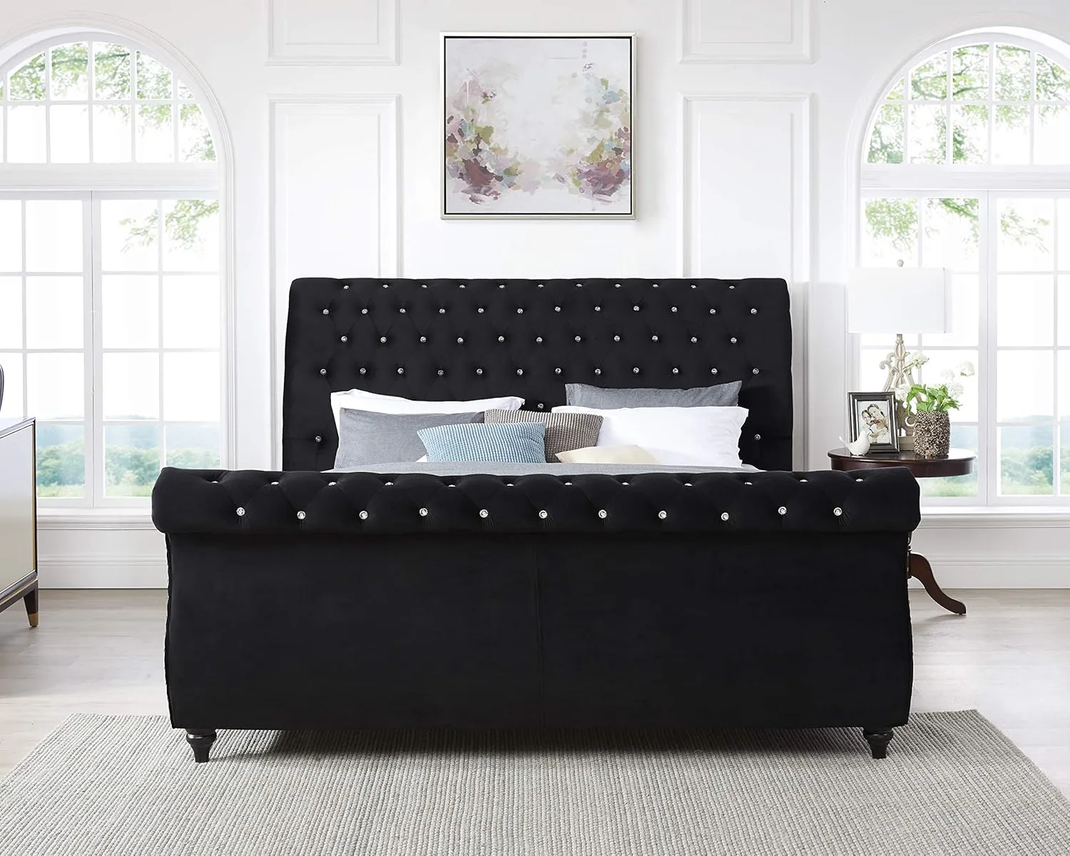 Roundhill Furniture Evora Velvet Upholstered Button Tufted, King, Black