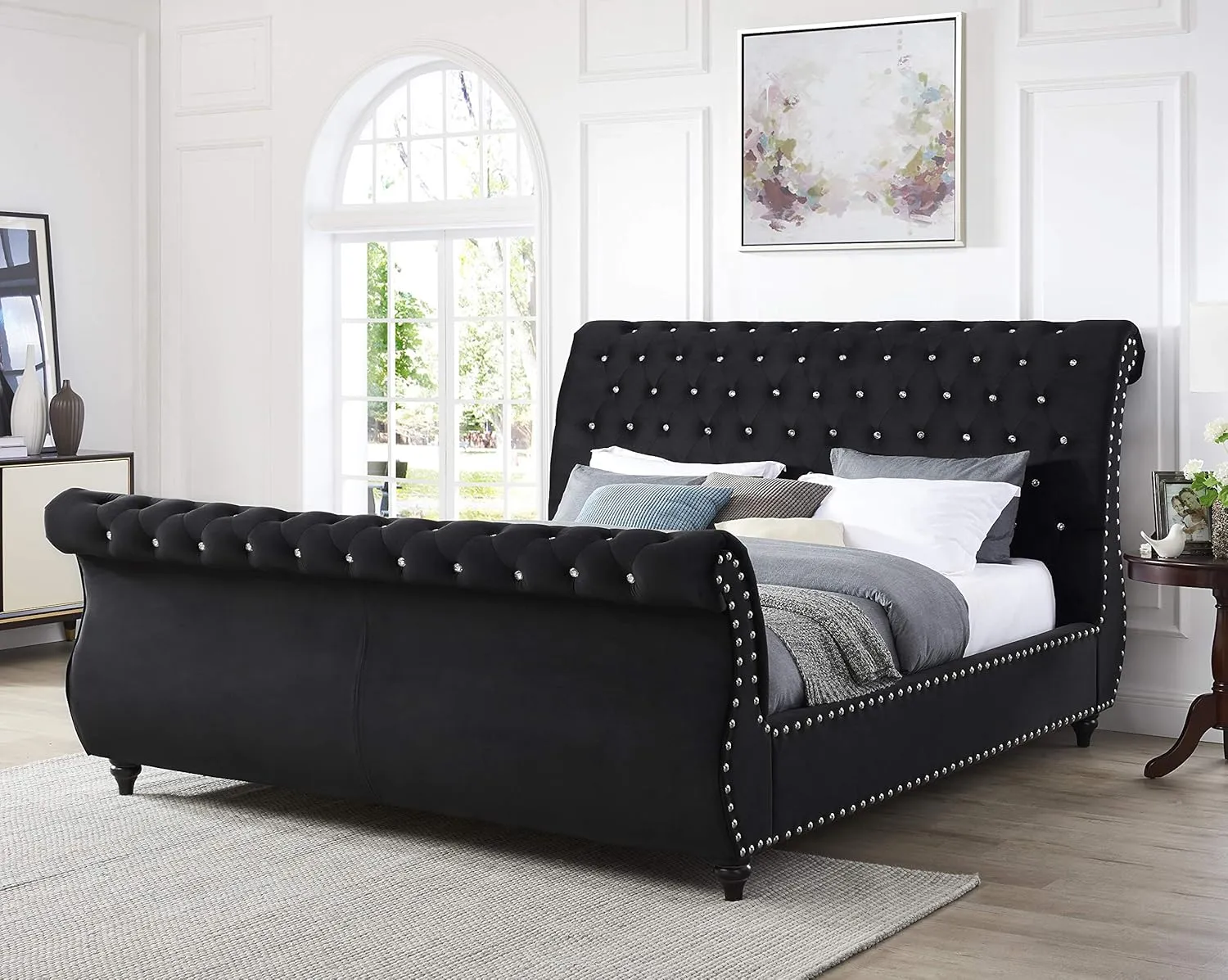 Roundhill Furniture Evora Velvet Upholstered Button Tufted, King, Black