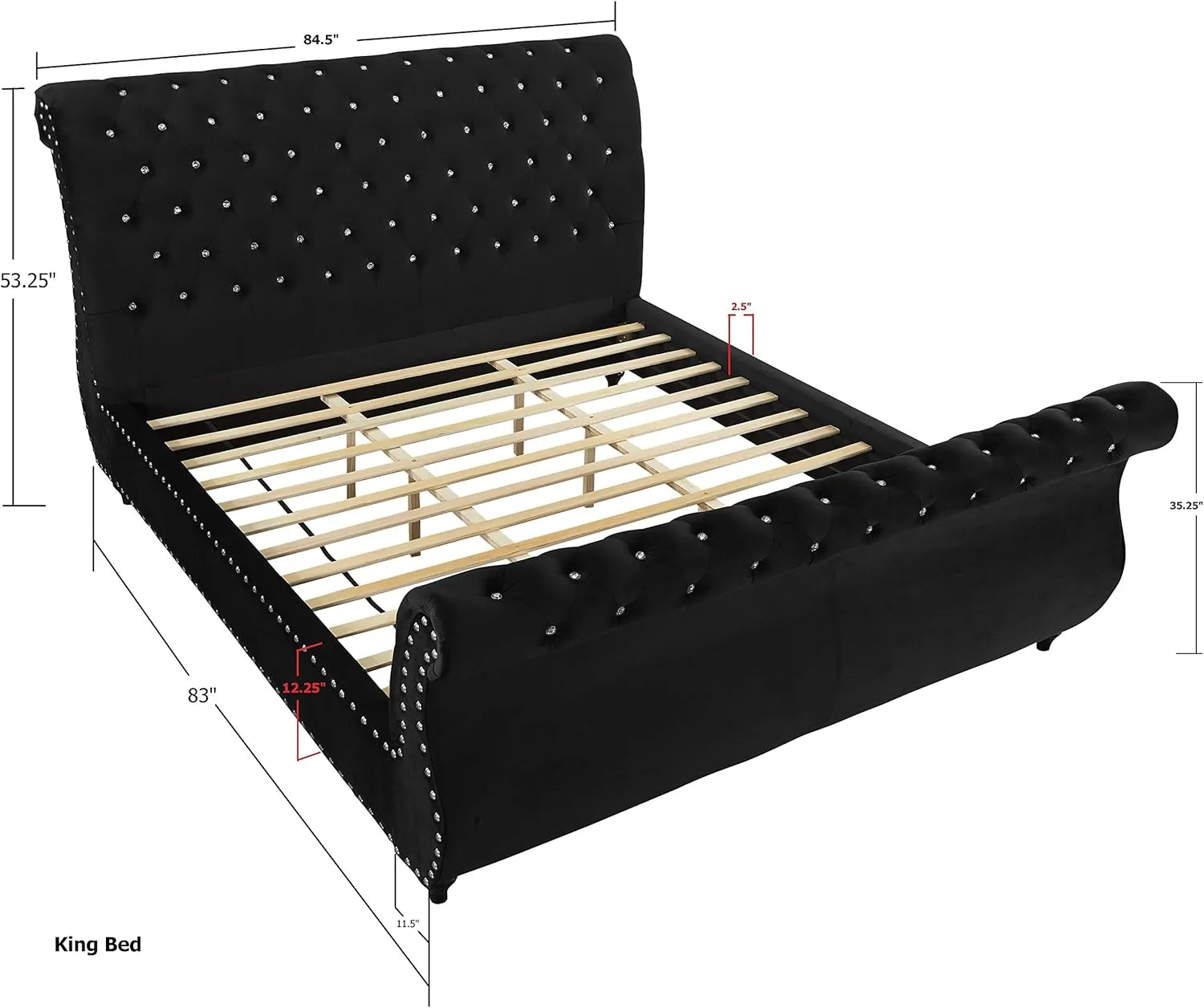Roundhill Furniture Evora Velvet Upholstered Button Tufted, King, Black
