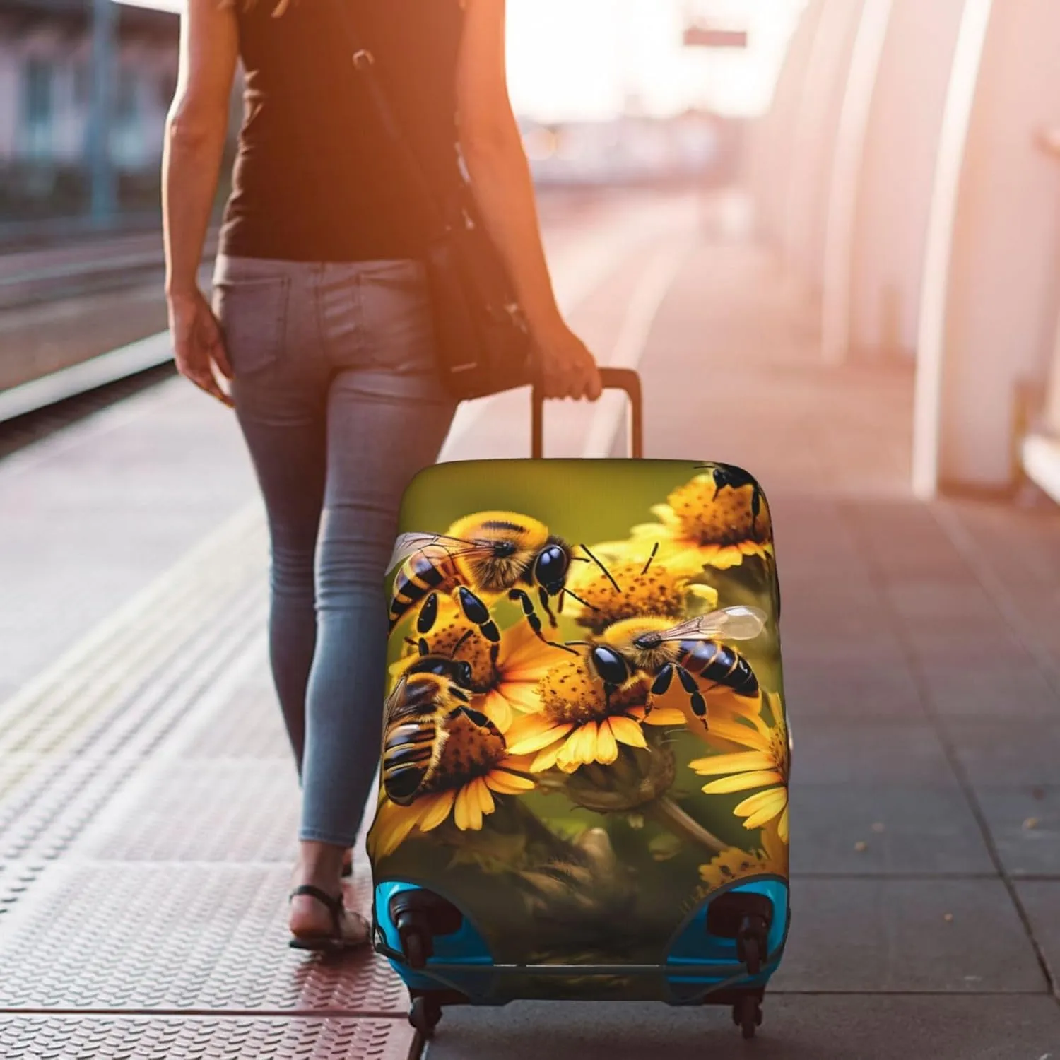 Rural Honey Bees Flowers Travel Luggage Cover Suitcase Protector Fits 18-22 Inch Luggage,Anti Scratch Dirt Covers