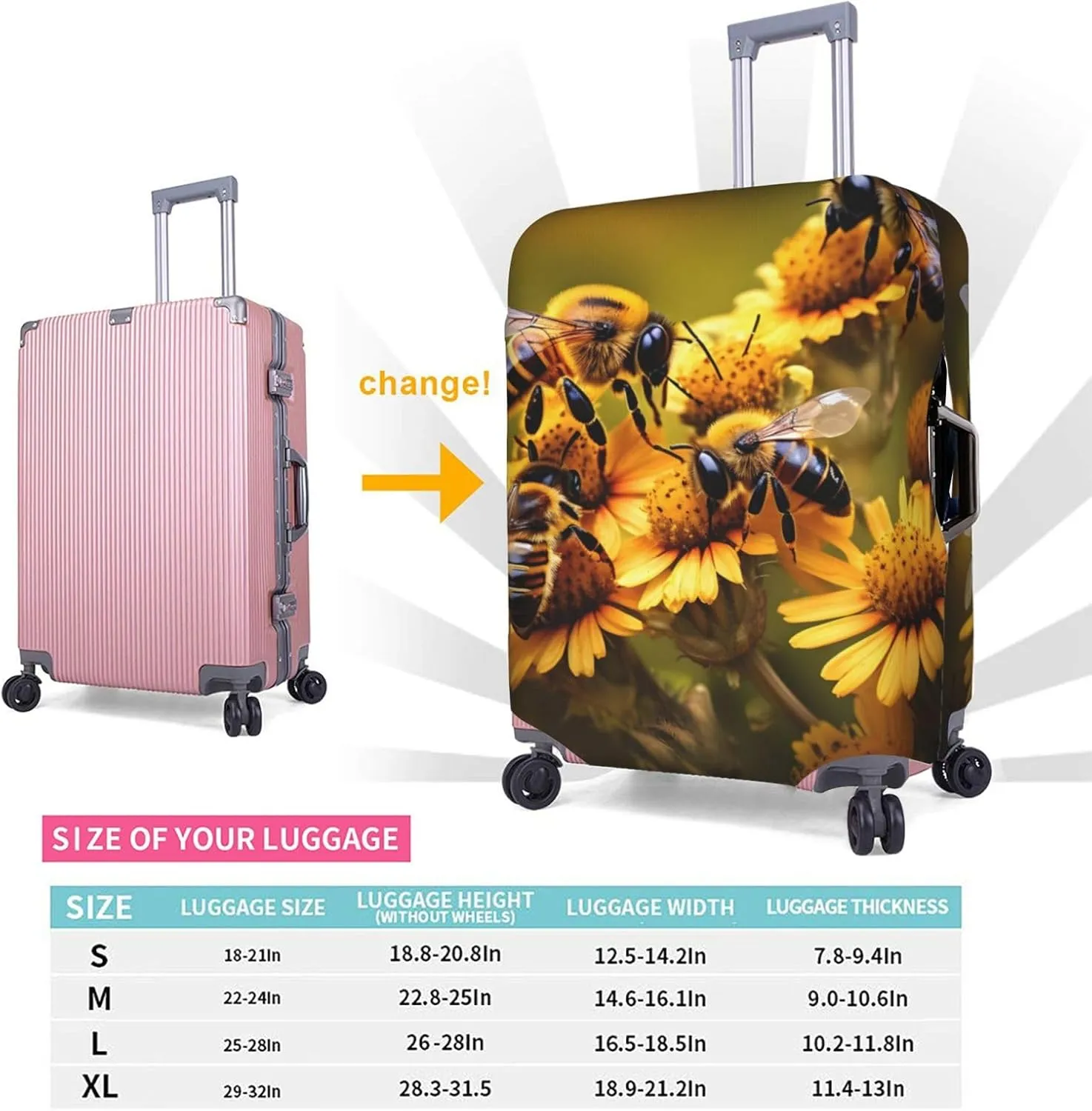 Rural Honey Bees Flowers Travel Luggage Cover Suitcase Protector Fits 18-22 Inch Luggage,Anti Scratch Dirt Covers