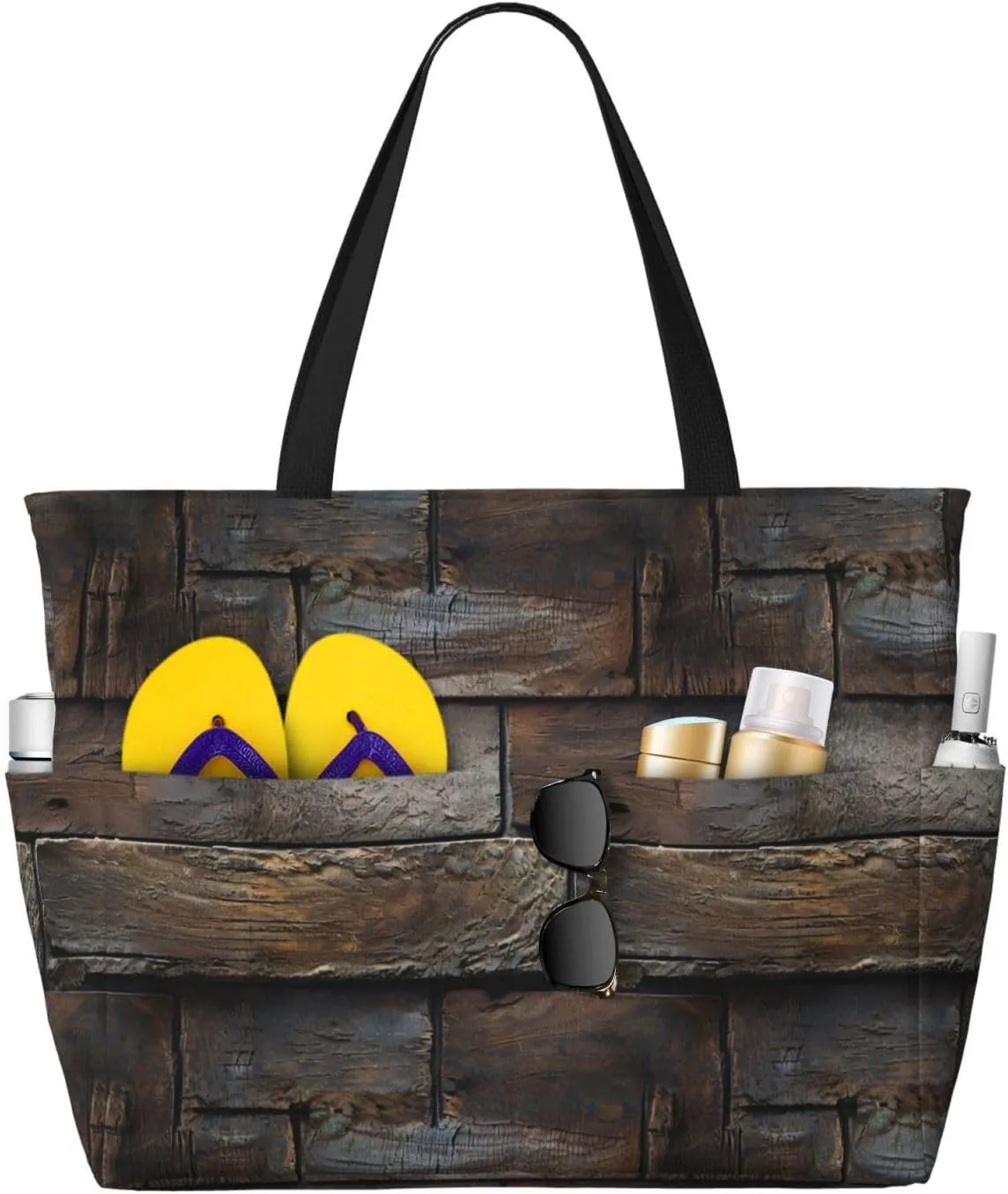 Rustic Aged Wood Tile Print 28L Beach Tote Bag, Water-resistant Travel Tote, Lightweight Gym & Camping Carryall