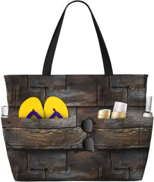 Rustic Aged Wood Tile Print 28L Beach Tote Bag, Water-resistant Travel Tote, Lightweight Gym & Camping Carryall