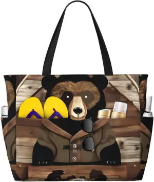 Rustic Lodge Bear Print 28L Beach Tote Bag, Water-resistant Travel Tote, Lightweight Gym & Camping Carryall