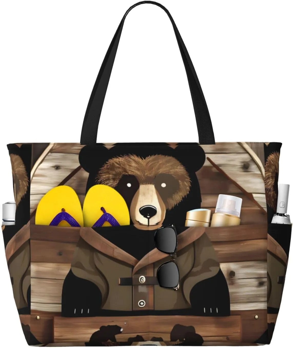 Rustic Lodge Bear Print 28L Beach Tote Bag, Water-resistant Travel Tote, Lightweight Gym & Camping Carryall