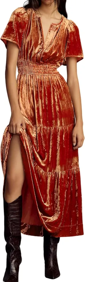 R.Vivimos Women's Fall Winter Vintage Velvet Dress Short Sleeve V Neck Elastic Waist Tiered Ruffle A-Line Flowy Maxi Dress