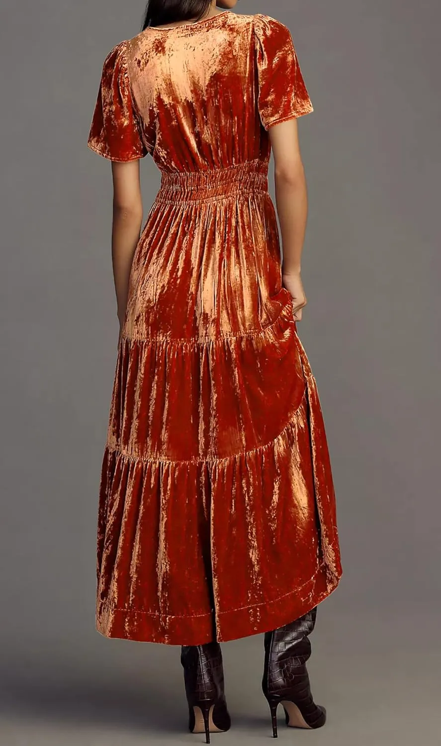 R.Vivimos Women's Fall Winter Vintage Velvet Dress Short Sleeve V Neck Elastic Waist Tiered Ruffle A-Line Flowy Maxi Dress