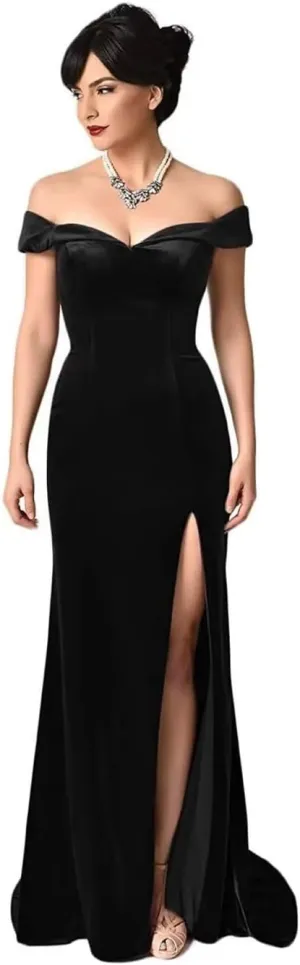 RYANTH Women's Long Off Shoulder Velvet Mother of The Bride Dresses Mermaid Bridesmaid Dress Formal Evening Gowns RPM111