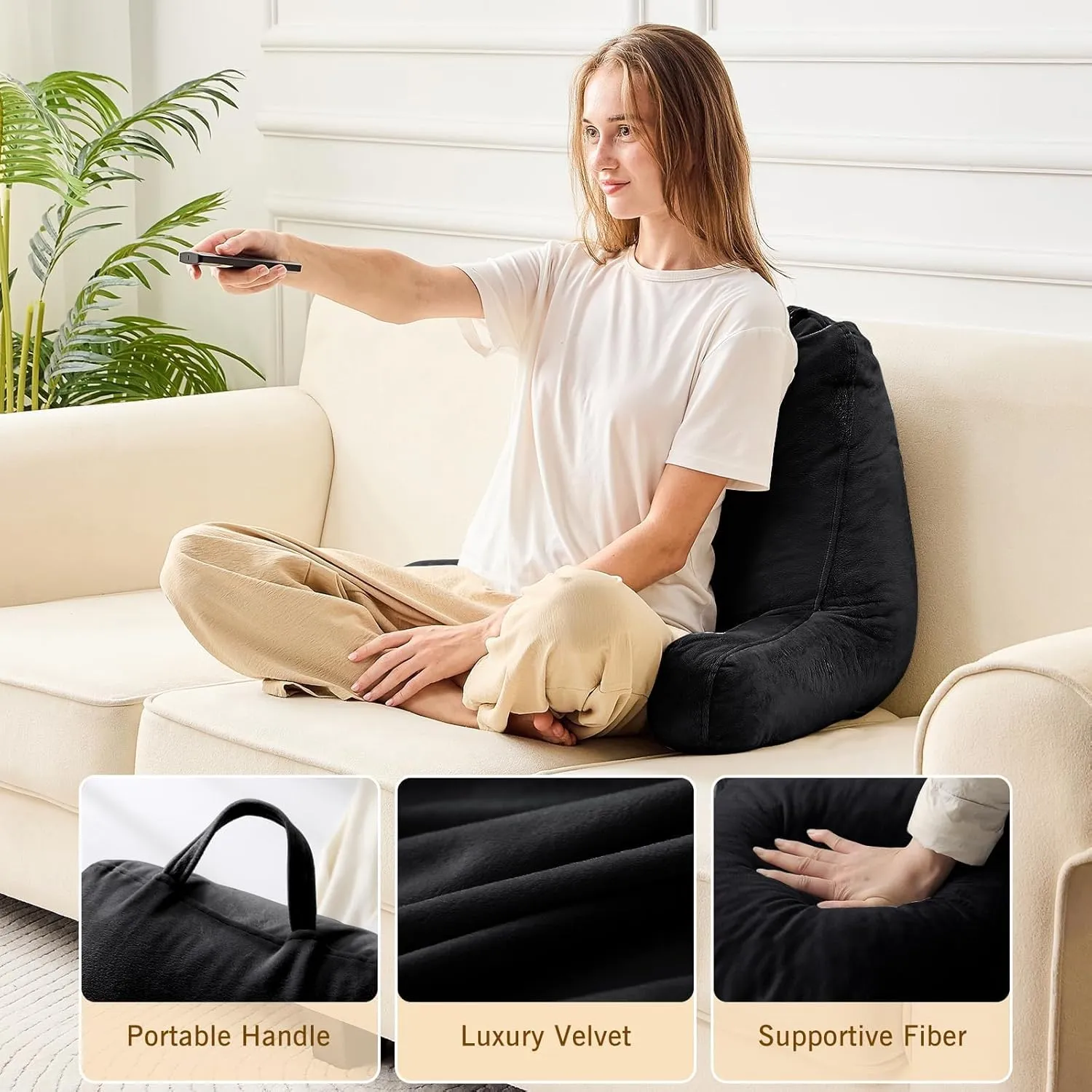 Sasttie Reading Pillow, Velvet Back Pillow for Bed Sitting Up, Adult Back-Rest Support Cushion with Arms for Sit Up on Couch, Sofa, and Floor, Dorm Essentials, Reading Accessories, Black