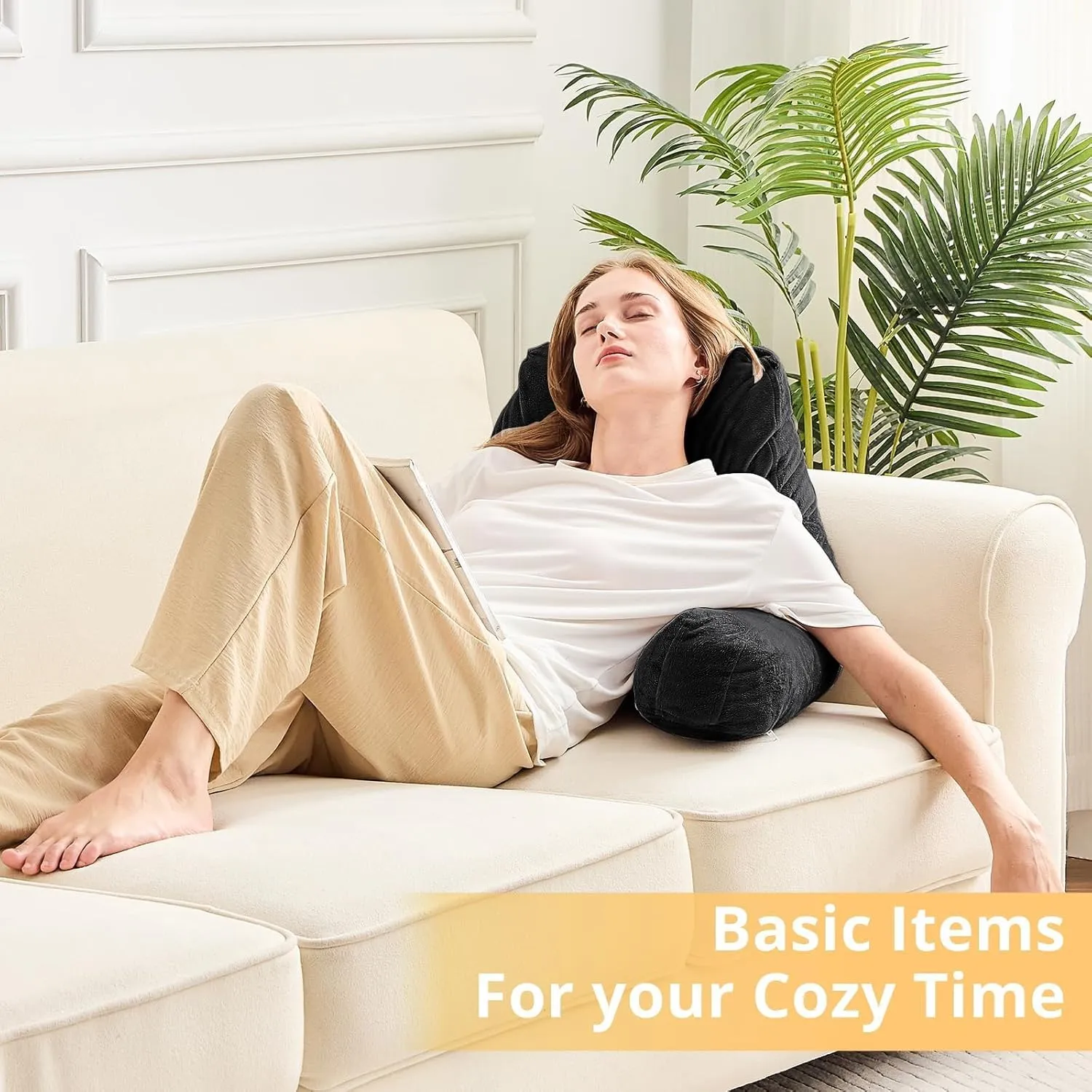 Sasttie Reading Pillow, Velvet Back Pillow for Bed Sitting Up, Adult Back-Rest Support Cushion with Arms for Sit Up on Couch, Sofa, and Floor, Dorm Essentials, Reading Accessories, Black