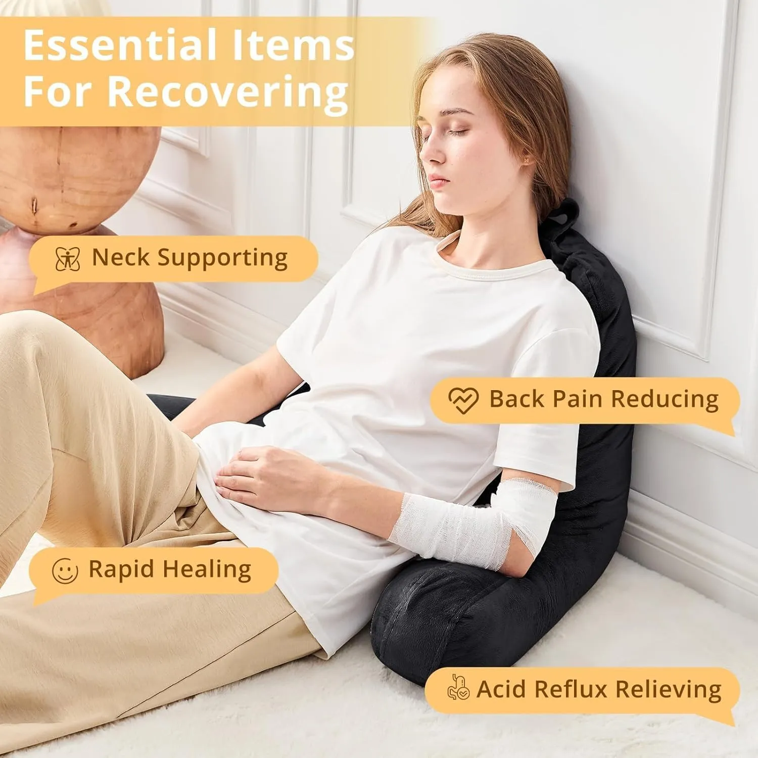 Sasttie Reading Pillow, Velvet Back Pillow for Bed Sitting Up, Adult Back-Rest Support Cushion with Arms for Sit Up on Couch, Sofa, and Floor, Dorm Essentials, Reading Accessories, Black