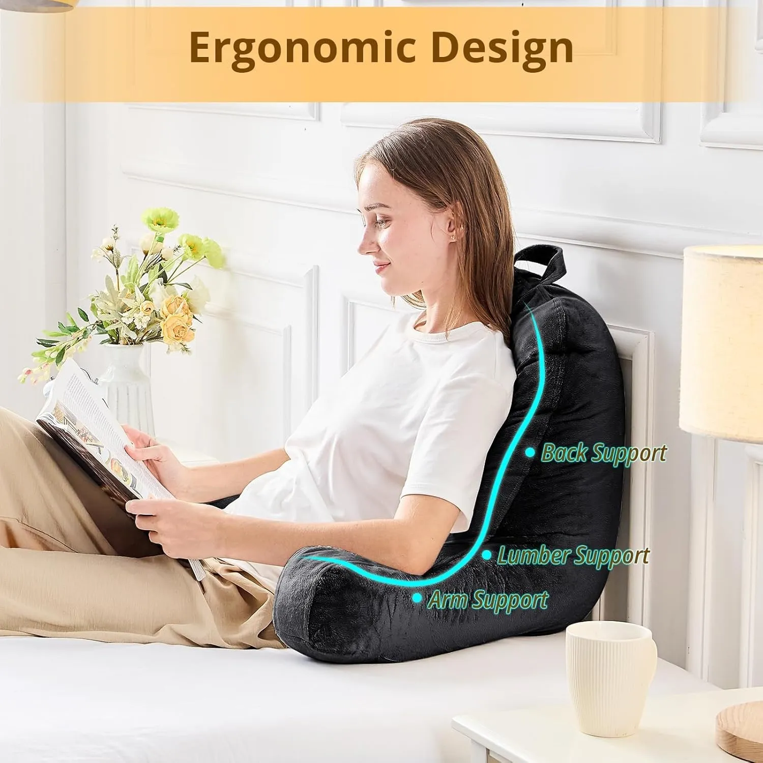 Sasttie Reading Pillow, Velvet Back Pillow for Bed Sitting Up, Adult Back-Rest Support Cushion with Arms for Sit Up on Couch, Sofa, and Floor, Dorm Essentials, Reading Accessories, Black