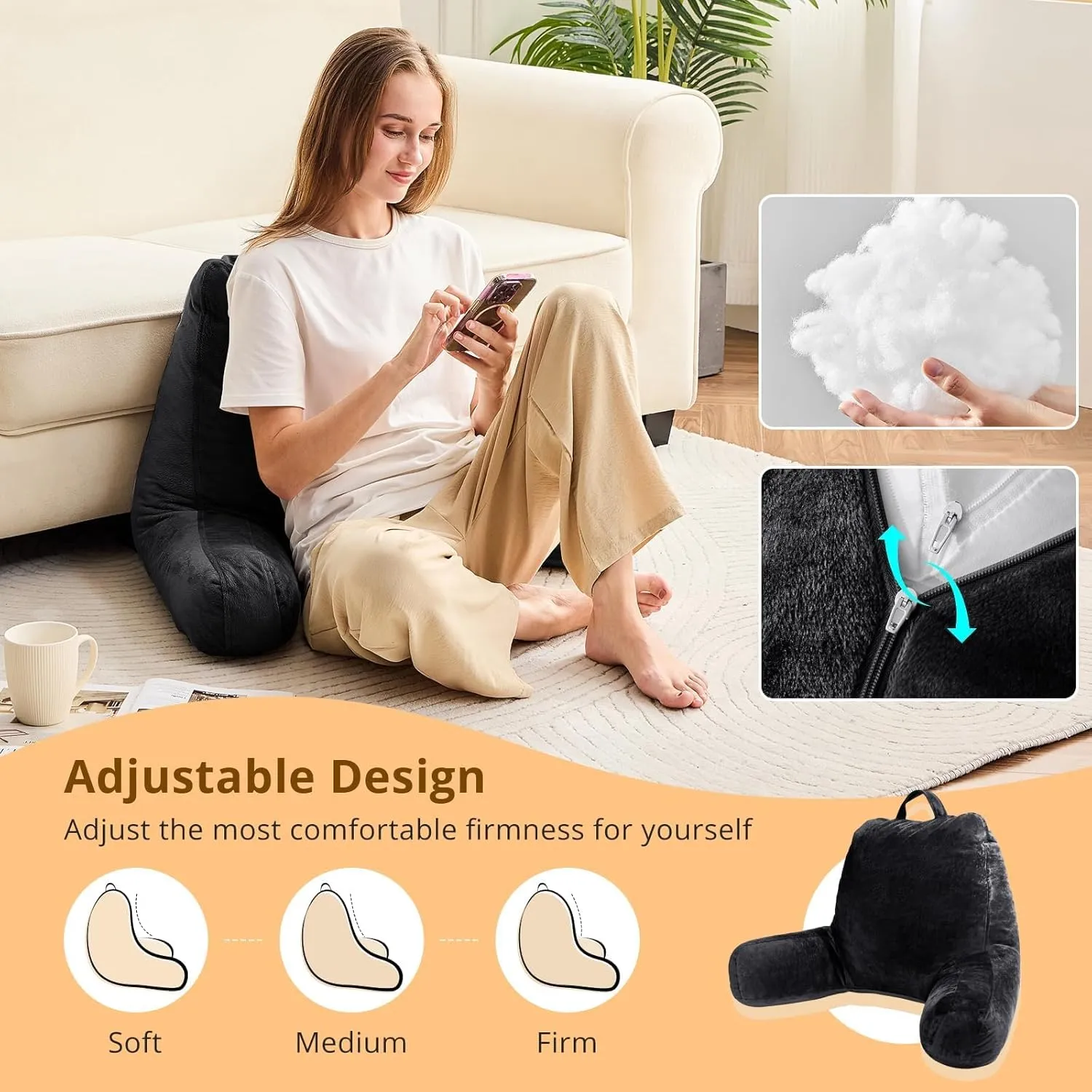 Sasttie Reading Pillow, Velvet Back Pillow for Bed Sitting Up, Adult Back-Rest Support Cushion with Arms for Sit Up on Couch, Sofa, and Floor, Dorm Essentials, Reading Accessories, Black