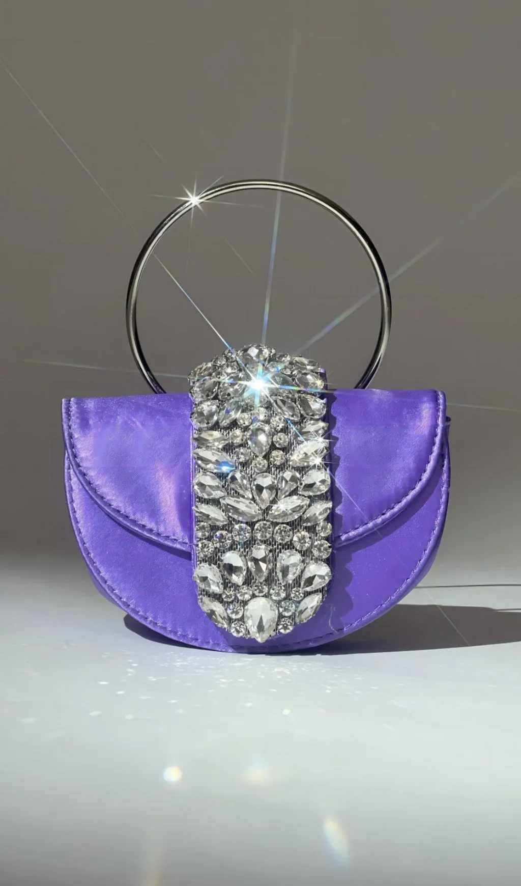 Satin Crystal Clutch In Purple