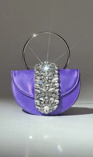 Satin Crystal Clutch In Purple