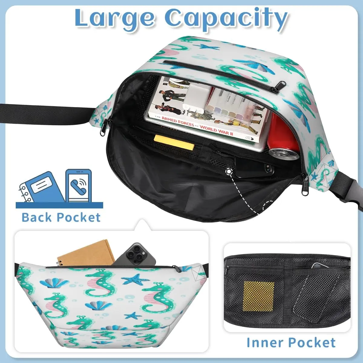 Seahorses Paint Crossbody Sling Bag for Women Men Crossbody Backpack with 4 Zipper Pockets Fanny Pack Shoulder Casual Daypack for Travel Running Hiking Cycling