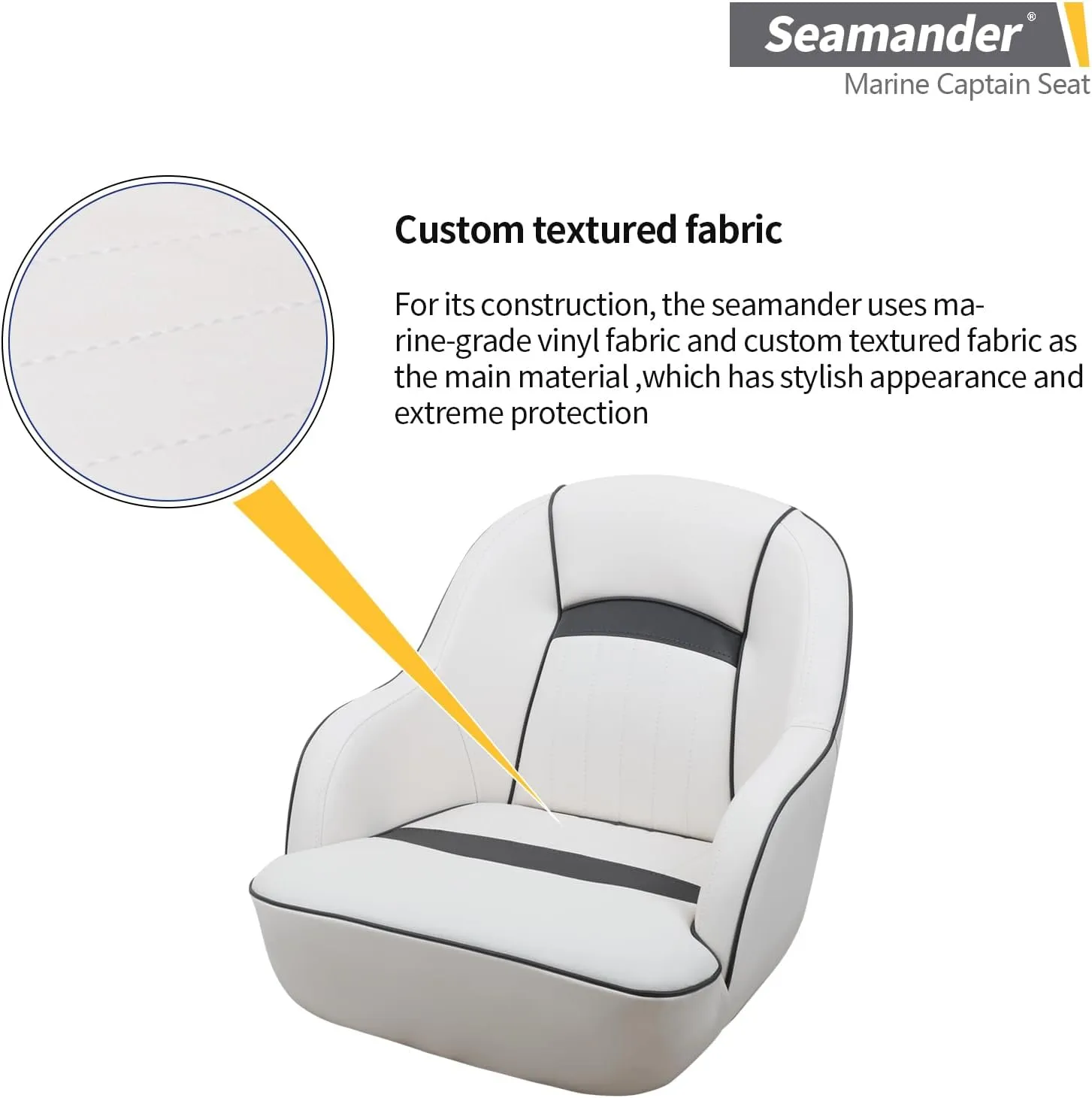 Seamander Captains Chair, Pontoon Captain Seat 19.7H x 22.2L x 21.7D inches, Injection Molded Plastic Frame, Plush Foam Padding, Marine Grade Vinyl, 5x5 or 5x12 inch Mounting Pattern(White/Dark Grey)