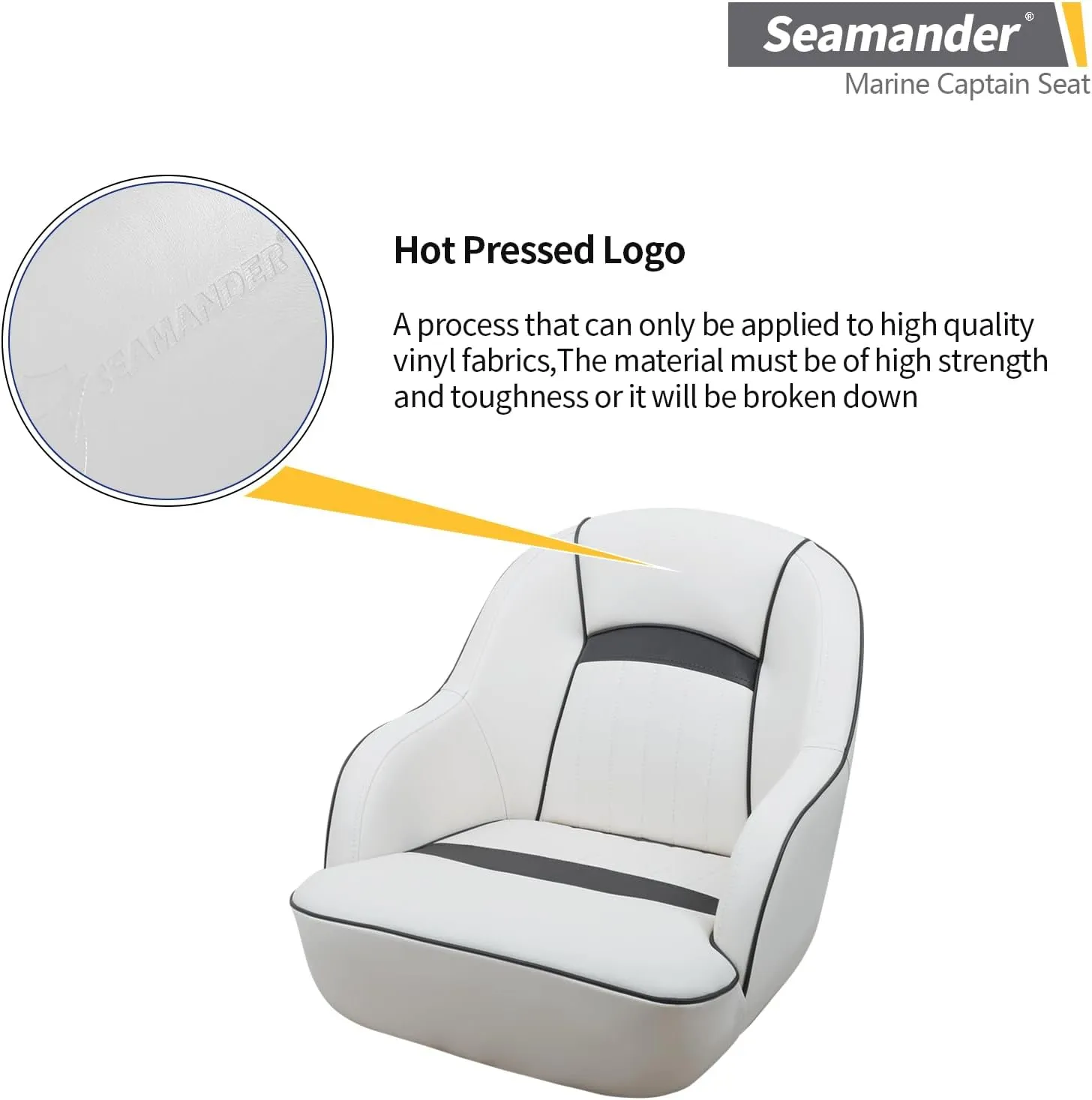 Seamander Captains Chair, Pontoon Captain Seat 19.7H x 22.2L x 21.7D inches, Injection Molded Plastic Frame, Plush Foam Padding, Marine Grade Vinyl, 5x5 or 5x12 inch Mounting Pattern(White/Dark Grey)