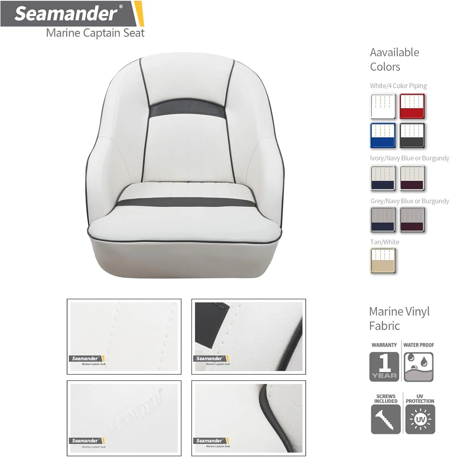 Seamander Captains Chair, Pontoon Captain Seat 19.7H x 22.2L x 21.7D inches, Injection Molded Plastic Frame, Plush Foam Padding, Marine Grade Vinyl, 5x5 or 5x12 inch Mounting Pattern(White/Dark Grey)