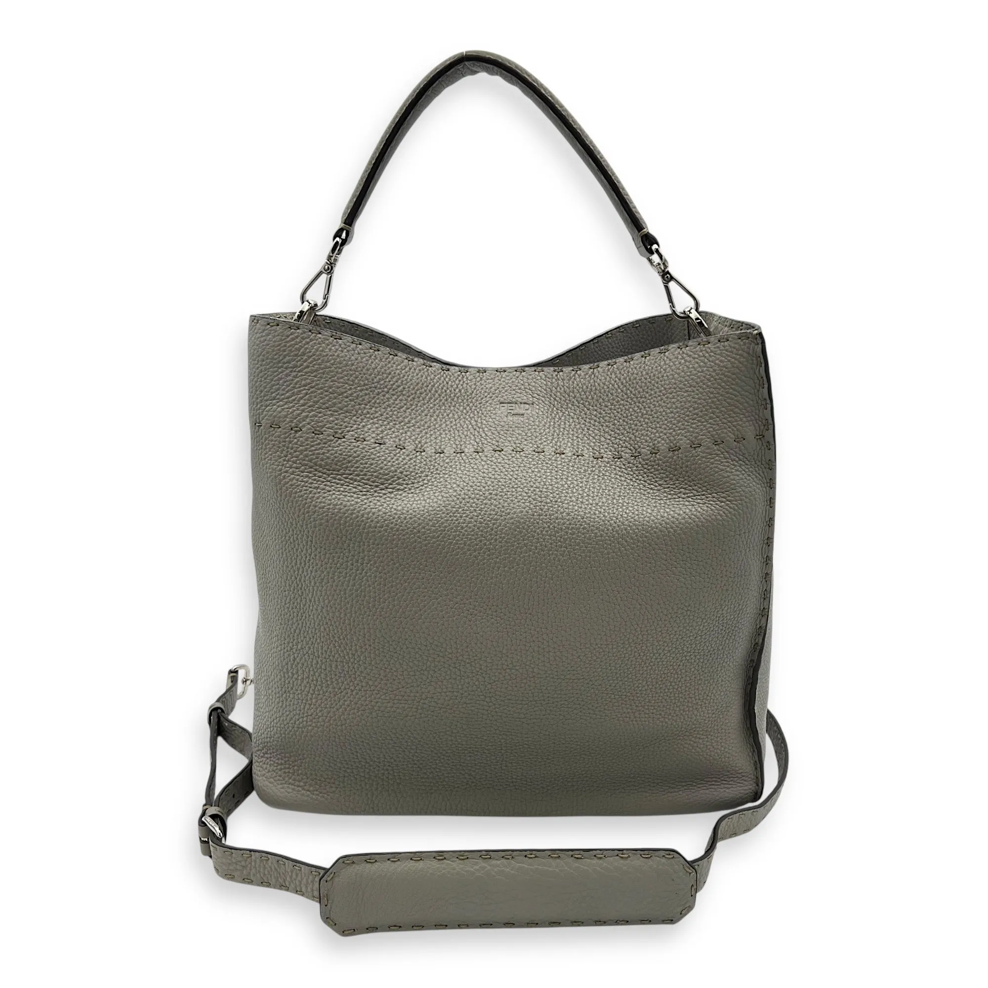 Selleria Anna Grey Bucket Bag in Calfskin, Silver hardware
