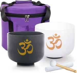Set of 2 10"F White and 8"A Black OM Design Singing Bowls Frosted Chakra Quartz Crystal Sound Healing Crystal with Travel Carry Case Bag Mallet Suede Striker O-ring
