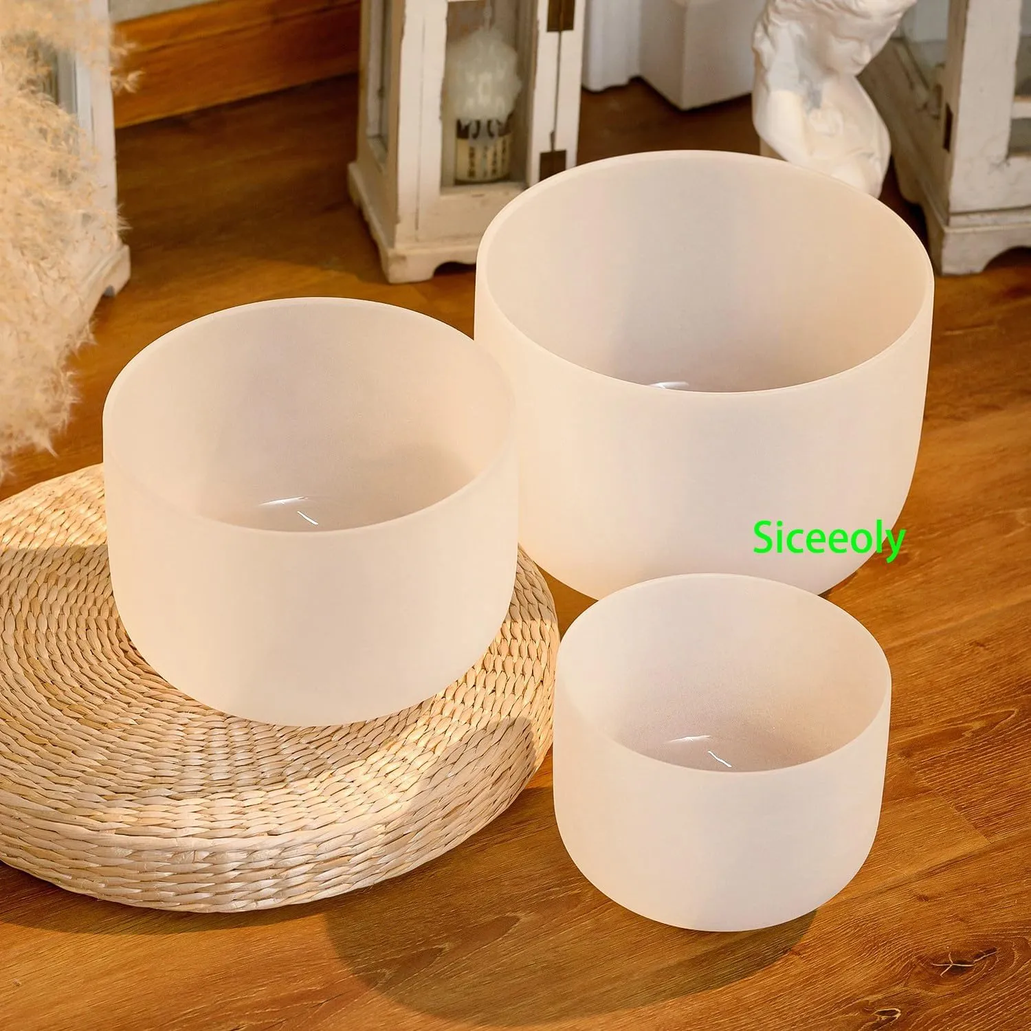 Set of 3 Singing Bowls 8-12 inch 8"B 10"F 12"C Frosted Chakra Quartz White Crystal Sound Healing Crystal with 1 Travel Carry Case Bag 1 Mallet Suede 1 Striker 3 O-rings