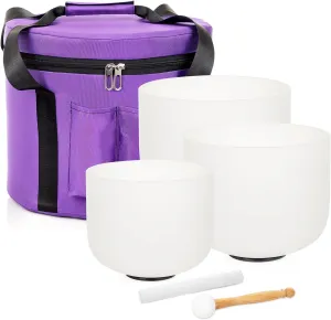 Set of 3 Singing Bowls 8-12 inch 8"B 10"F 12"C Frosted Chakra Quartz White Crystal Sound Healing Crystal with 1 Travel Carry Case Bag 1 Mallet Suede 1 Striker 3 O-rings