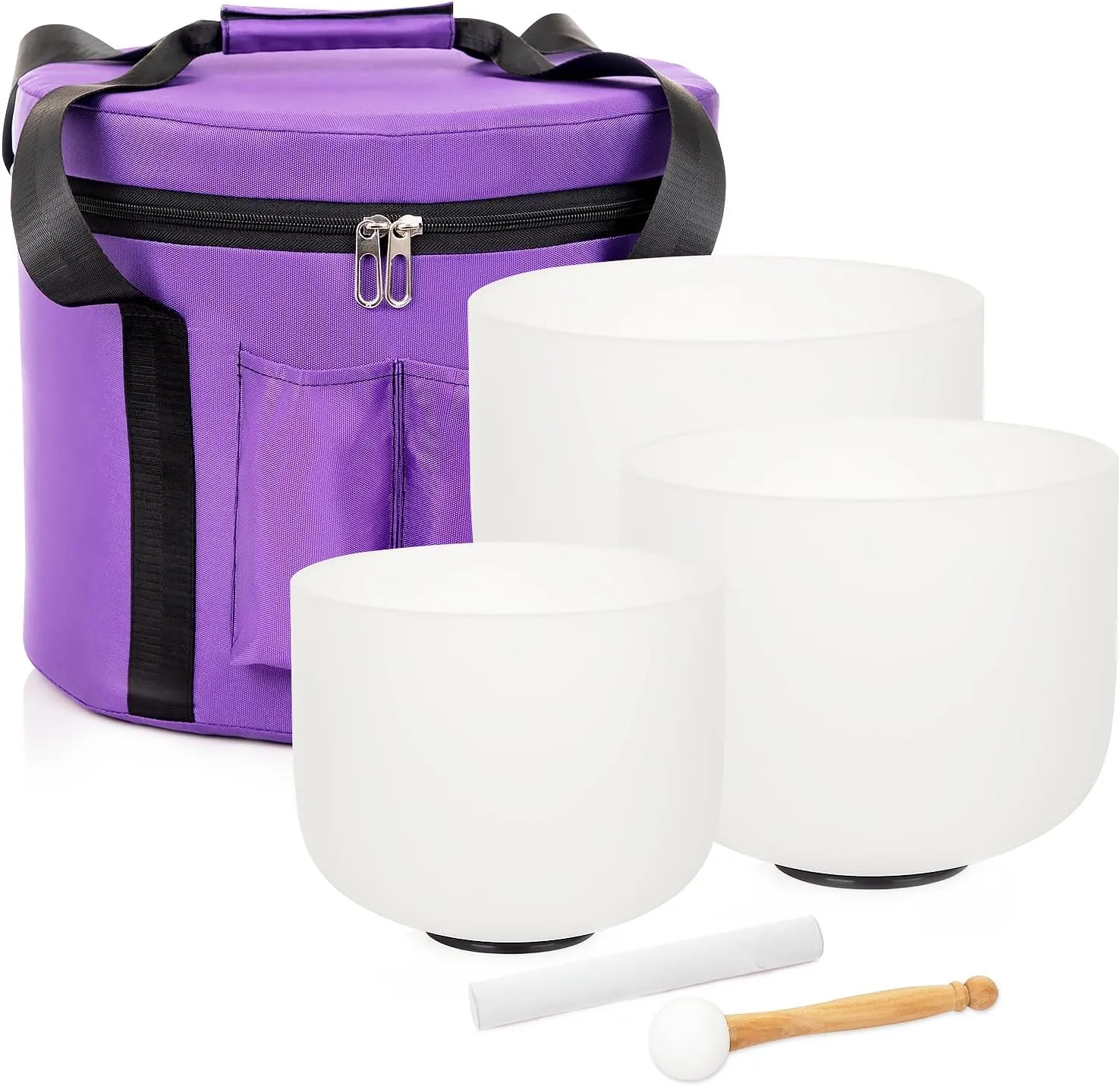 Set of 3 Singing Bowls 8-12 inch 8"B 10"F 12"C Frosted Chakra Quartz White Crystal Sound Healing Crystal with 1 Travel Carry Case Bag 1 Mallet Suede 1 Striker 3 O-rings